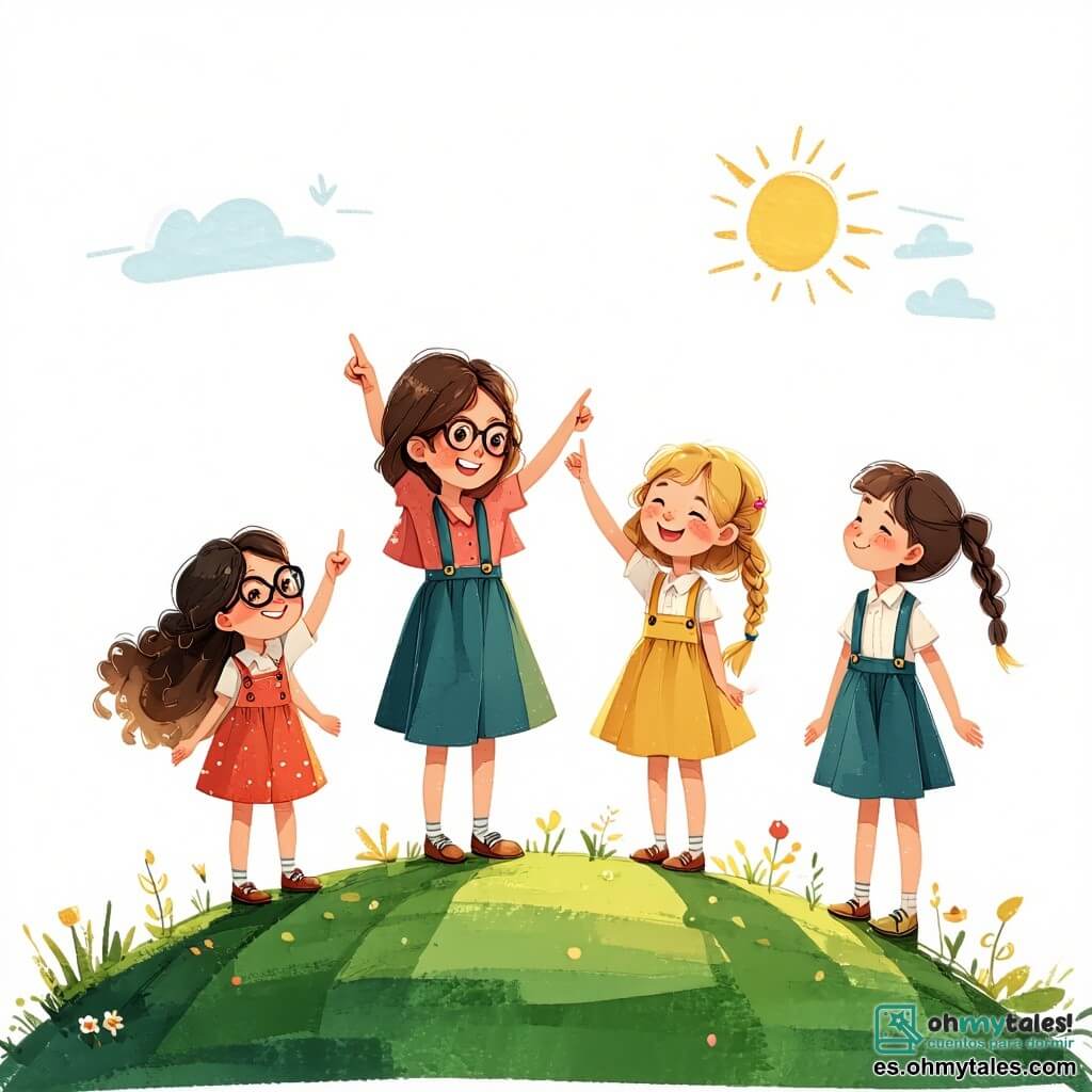 En el centro de la imagen, cuatro niñas de unos 10 años están felices en una colina verde. Lucía, con largos cabellos castaños y gafas redondas, sonríe señalando al cielo. A su derecha, Sofía, con cabello rubio y rizado, levanta los brazos con entusiasmo. A la izquierda, Ana, con cabello negro y una trenza, observa fascinada. Finalmente, Valentina, con cabello pelirrojo y corto, hace gestos divertidos como si imitara a un extraterrestre. Al fondo, un cielo azul brillante con nubes blancas y un platillo volador que desciende lentamente emitiendo luz verde y azul. La colina está rodeada de árboles coloridos y flores vibrantes, creando una atmósfera mágica. Las niñas, asombradas, descubren al extraterrestre Zog, un pequeño ser verde con grandes ojos brillantes, que sale de su nave espacial, listas para una increíble aventura juntos.