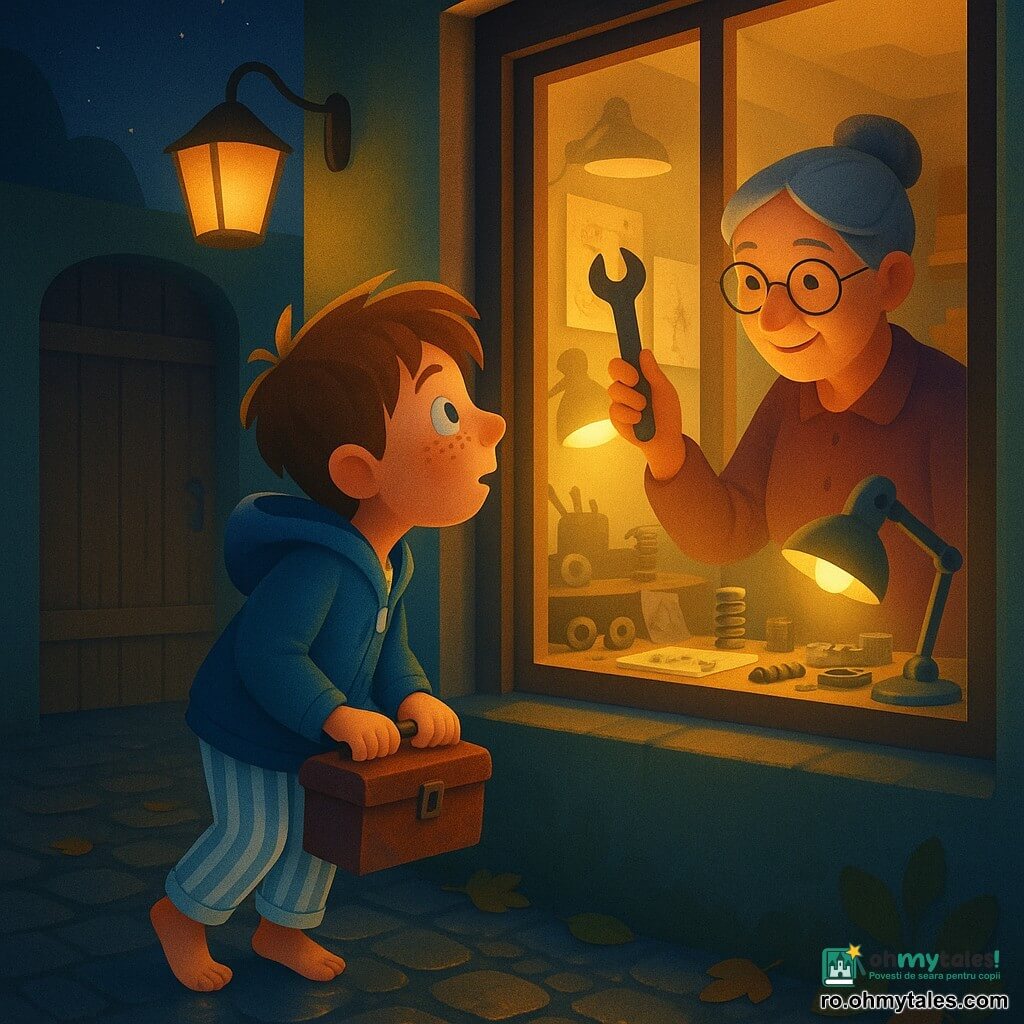 Un băiat pe nume Radu, față rotundă cu pistrui, păr șaten zburlit, curios, ține o cutie de scule ruginite și privește spre o fereastră luminată; poartă pijama în dungi sub un hanorac albastru, stă pe vârfuri în curte pietruită udă, în timp ce doamna Miruna, inventatoare de circa 50 de ani, părul gri prins într-un coc și ochelari rotunzi, zâmbește și îl invită cu o cheie franceză din atelierul ei luminat, unde se văd mese pline de piese metalice, arcuri, becuri aprinse și schițe; noaptea are un cer indigo cu stele, un felinar galben difuz și o ușă veche care scârțâie, iar atmosfera e calmă și misterioasă, cu contraste între umbra rece a străzii și halo-ul cald al atelierului; culori: albastru intens, galben cald, accente de rugină și verde mușchi, texturi clare și forme simple pentru copii.