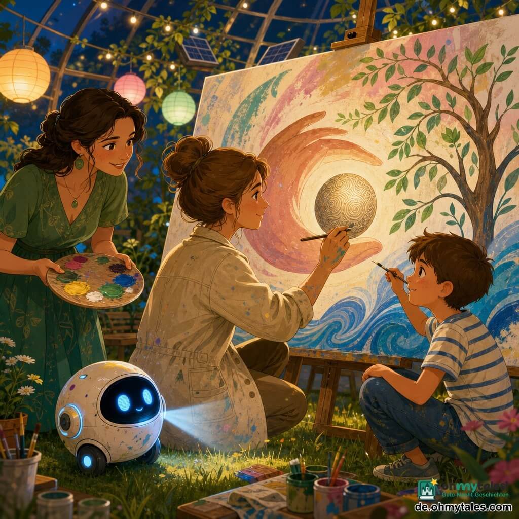 Die Szene spielt in einem kleinen, bewaldeten Garten unter einer leuchtenden Kuppel mit Solargirlanden und Papierlaternen, Holzbänken und glänzend grünem Gras; Hauptfigur: Dr. Lena Morgen, sanftes, konzentriertes Gesicht, hellbraune Haare im Dutt, beige Jacke, malt eine große Freske auf einer weißen Leinwand, eine schützende Hand um eine kleine gravierte Sphäre; Nebenfiguren: Mira, etwa 35, freundliches Lächeln, grünes schlichtes Kleid, hält eine Farbpalette und hilft einem Kind links von Lena; Kind: Junge ca. 8, kurze braune Haare, gestreiftes T‑Shirt, erstaunt und fokussiert, hockt rechts von Lena und malt blaue Wellen und einen stilisierten Baum; Nichtmenschlich: Pip, kleiner rollender Roboter mit runden Form und blauen LED‑Augen, rollt bei Lenas Füßen und wirft ein sanftes Licht auf die Malfläche; Bildkomposition: Großaufnahme der Leinwand, kräftige, harmonische Farben (tiefblau, smaragdgrün, warmes Gelb, zartes Rosa), sichtbare Pinselstriche, Farbflecken an Händen und Kleidung, warme, kooperative Stimmung unter weichem Licht; Stil: saubere Vektorillustration, einfache Formen, klare Konturen, leicht körnige Textur im Kinderbuchstil.