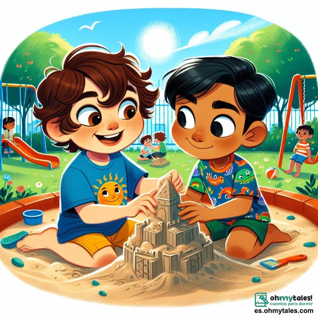 Un niño de 6 años, llamado Pablo, con cabello castaño y rizado, ojos curiosos y una sonrisa brillante, juega alegremente en una caja de arena. Lleva una camiseta azul con un diseño de sol y un pantalón corto amarillo. Junto a él, otro niño de 6 años, Kaito, de origen japonés, tiene el cabello negro y liso, y lleva una camiseta con un dragón colorido. Kaito sonríe tímidamente mientras construye un castillo de arena. La escena transcurre en un parque soleado, lleno de árboles verdes y flores coloridas. Pablo y Kaito están construyendo juntos un gran castillo de arena, intercambiando ideas y riendo, ilustrando así la amistad y la tolerancia entre ellos a pesar de sus diferencias culturales.