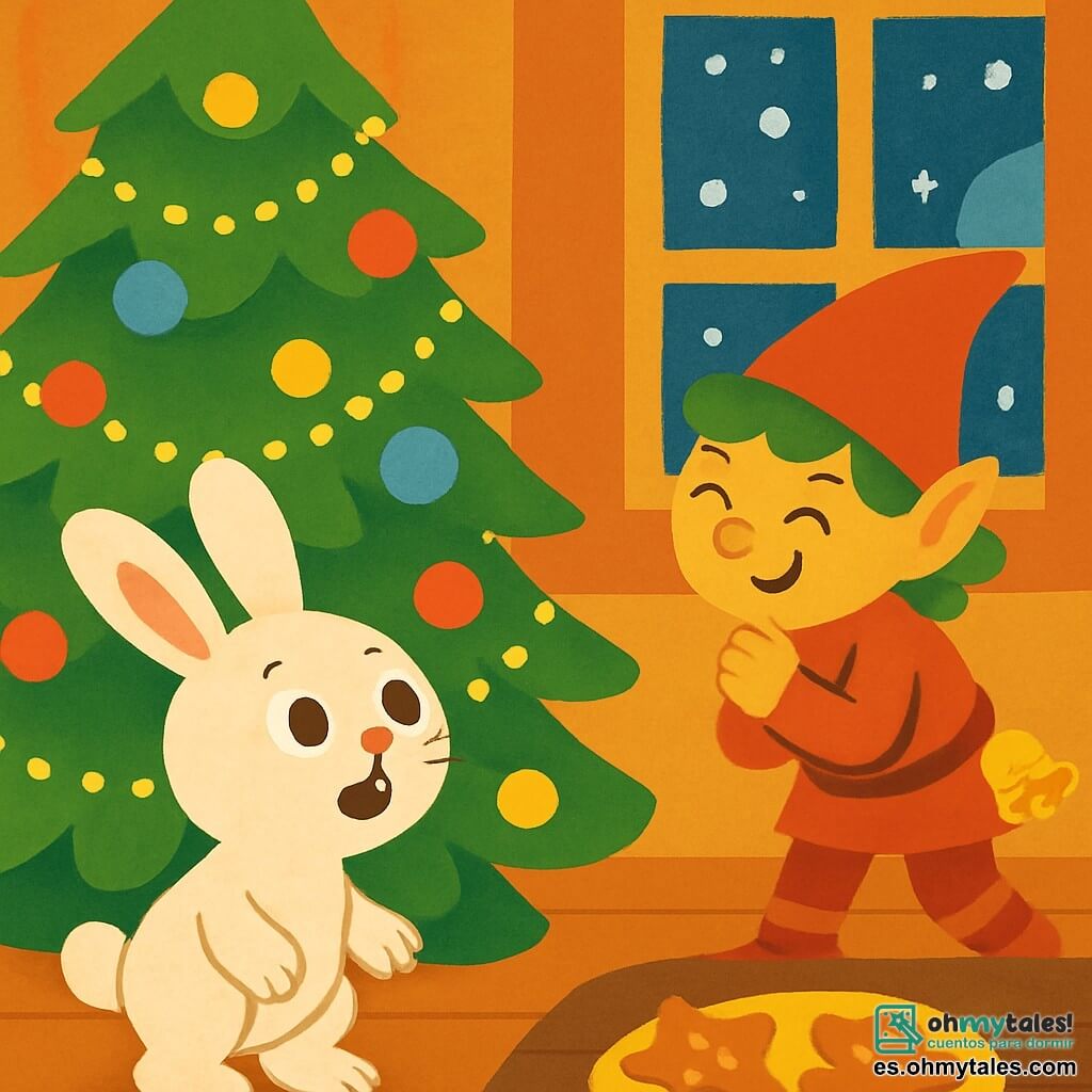 Un pequeño conejo de grandes orejas, con pelaje suave y blanco, ojos brillantes y curiosos, mira sorprendido un gran árbol de Navidad decorado con guirnaldas brillantes y bolas de colores. Se sostiene sobre sus patas traseras, con las orejas erguidas y una sonrisa alegre en su rostro. Junto a él, un duende travieso de cabello verde y piel ligeramente dorada, que lleva un sombrero puntiagudo y ropa roja, ríe mientras esconde una pequeña campana dorada detrás de su espalda. Tiene una mirada pícara y se mantiene ligeramente al margen, listo para hacer una nueva broma. El decorado es una habitación cálida, llena de luces suaves, con copos de nieve visibles a través de una ventana y galletas de Navidad bellamente dispuestas sobre una mesa de madera. La escena muestra al conejo buscando la valiosa campanita dorada, mientras el duende, divertido, se prepara para dar una nueva pista, creando una atmósfera de magia y misterio.