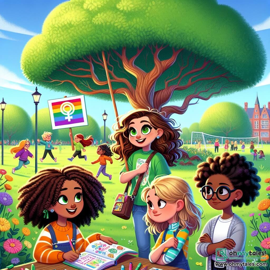 In a sunny park, four twelve-year-old girls stand under a large oak tree with bright green leaves. Mia, the leader with curly brown hair and sparkling green eyes, smiles enthusiastically while holding a colorful poster on gender equality. Next to her, Lila, an artist with long blonde hair, draws illustrations in a notebook, her bright blue eyes full of creativity. Amira, the most thoughtful one with black hair and glasses, listens attentively while taking notes on a small notepad. Finally, Zoe, the sporty one with short brown hair, stands ready to cheer on her friends, arms crossed and a confident smile on her face. The park is filled with colorful flowers, children playing in the distance, and the sky is a bright blue. The girls passionately discuss their campaign for gender equality, sharing ideas and laughter, eager to inspire their peers to join their cause.