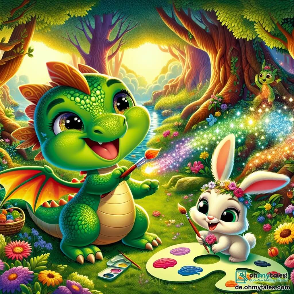Ein kleiner Drache mit schimmernden grünen Schuppen, großen neugierigen Augen und einem fröhlichen Lächeln, erzeugt mit seinen kleinen Pfoten bunte Funken, die die Luft um ihn herum erleuchten. Neben ihm hält ein niedlicher Hase mit großen Ohren und weichem Fell, der aufgeregt aussieht, eine Palette mit bunten Blumen und ist bereit, ein Bild auf einem großen Blatt grüner Blätter zu malen. Die Szenerie ist eine sonnige Lichtung im Wald, umgeben von majestätischen Bäumen mit dicken Stämmen und dichtem Laub, während bunte Blumen im Wind tanzen. Im Hintergrund spiegelt ein glitzernder Bach die Sonnenstrahlen und verleiht der Szene einen Hauch von Magie. Die Hauptsituation zeigt den Drachen und den Hasen bei ihrer künstlerischen Schöpfung, umgeben von ihren tierischen Freunden, die beim Malen eines wunderschönen Bildes ihrer verzauberten Waldlandschaft lachen und Geschichten austauschen.
