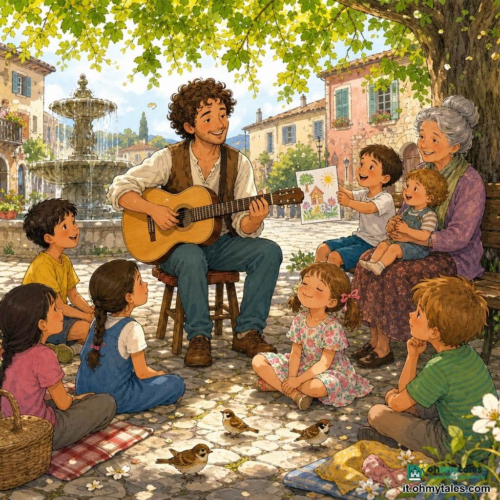 Un musicista dai capelli castani ricci, sorriso dolce e sguardo benevolo, seduto su uno sgabello di legno che suona una chitarra chiara, è al centro di un cerchio di bambini e adulti; il bambino di 7 anni, Giulio, capelli corti castani, porge un disegno al musicista seduto sulle ginocchia di una nonna, la bambina di 6 anni, Sofia, in vestito a fiori con le trecce, è seduta per terra con gli occhi chiusi come in un sogno, la nonna anziana con i capelli grigi raccolti in uno chignon sorride tenendo un bimbo in braccio su una panca sul retro; passerotti bruni e gialli saltellano sui ciottoli; la scena si svolge in una grande piazza del villaggio lastricata sotto un tiglio dalle foglie verde tenue, con una vecchia fontana di pietra e case con persiane pastello, luce calda di mezzogiorno, atmosfera primaverile e pacifica, dettagli minori: tovaglie da picnic piegate, petali che cadono e raggi di sole che filtrano tra le foglie.