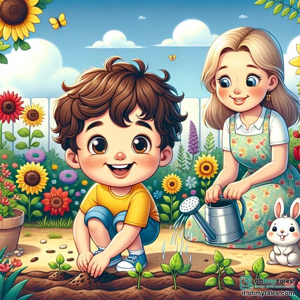 Un ragazzo di 8 anni, Leonardo, con capelli castani e ricci, un grande sorriso sul volto, è accovacciato in un giardino colorato mentre pianta semi di girasole. Indossa una maglietta gialla brillante e pantaloni corti blu, con le mani leggermente sporche di terra, che mostrano il suo entusiasmo. Accanto a lui, sua madre, una donna di circa 35 anni con capelli lunghi e biondi, indossa un vestito leggero a fiori e annaffia delicatamente le giovani piante con un annaffiatoio di metallo, sorridendo orgogliosa al figlio. In un angolo del giardino, un coniglio bianco di nome Nino, con grandi orecchie e occhi brillanti, osserva curiosamente la scena. Il giardino è incantevole, pieno di fiori colorati, tulipani rossi e gialli che danzano nel vento, e farfalle che volano intorno. Il cielo è blu brillante con nuvole bianche e il sole splende calorosamente in questa bella giornata di primavera. La scena principale mostra Leonardo, sua madre e Nino che lavorano insieme nel giardino, creando un'atmosfera gioiosa e collaborativa, dove la natura e l'amicizia fioriscono sotto il dolce sole primaverile.