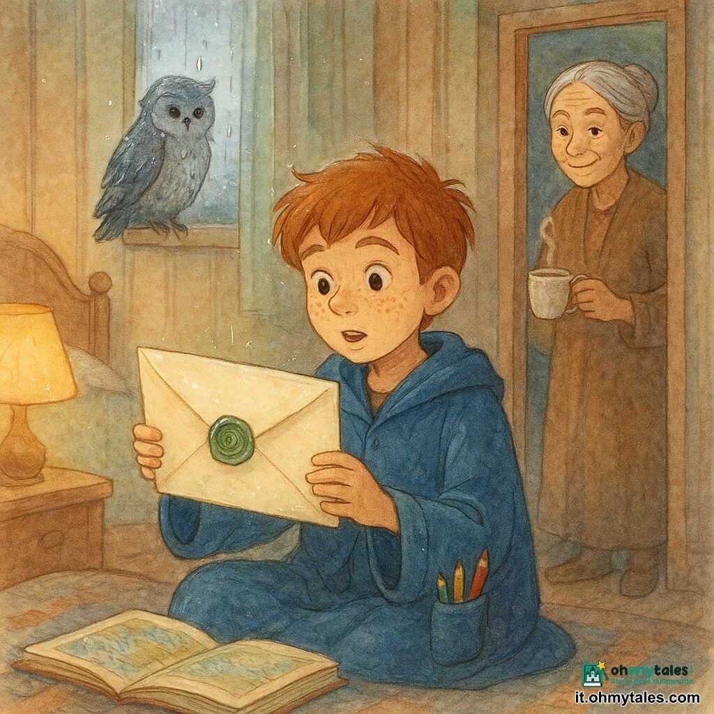 Elio, ragazzo mago di nove anni dal volto lentigginoso e sguardo curioso, seduto per terra con una camiciola troppo grande e tasche piene di matite apre una grande busta crema chiusa da un sigillo verde; la nonna Iris, circa settantenne con capelli grigi raccolti in uno chignon e sorriso accennato, lo osserva benevola nella porta con una tazza fumante; una civetta grigia bagnata, ali lucide di pioggia, è sul davanzale; la stanza stretta e calda ha carta da parati a righe sbiadite, un atlante aperto per terra, una finestra appannata con gocce e una panetteria sfocata fuori, una lampada gialla che proietta ombre rotonde; momento centrale: ricezione di una lettera magica, la busta crema sigillata da un nodo verde emette piccole scintille verdi sul bordo e una luce calda illumina la carta umida, atmosfera intima e carica d’attesa.