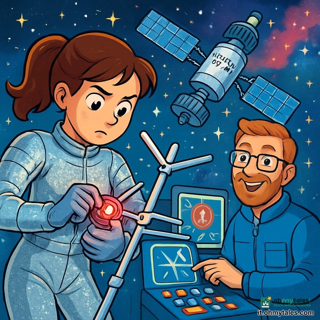 Una donna di circa trent'anni, con i capelli castani raccolti in una coda di cavallo, indossa una tuta spaziale argentata che brilla sotto la luce delle stelle. Il suo viso esprime concentrazione e determinazione, i suoi occhi brillano di eccitazione mentre regola un sensore sul suo petto. Accanto a lei, un uomo di circa quarant'anni, con una barba rossa e occhiali, osserva attentamente uno schermo di controllo. Indossa una giacca tecnica blu e sorride con orgoglio, mentre si trova vicino a una console piena di pulsanti luminosi. Sullo sfondo, l'Osservatorio Orione fluttua maestosamente nello spazio, i suoi pannelli solari scintillano come ali di farfalla, circondati da un oceano di stelle brillanti e da una nebulosa colorata. La donna sta riparando un'antenna di comunicazione, mentre una luce rossa lampeggia sul suo sensore, segnalando un'anomalia. L'atmosfera è tesa ma piena di speranza, mentre lavorano insieme per risolvere il mistero della comunicazione perduta.