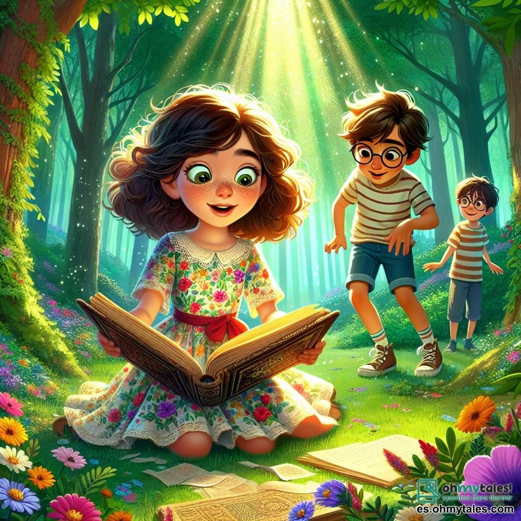 En un claro soleado del bosque, una niña de 11 años, Isabel, con cabello rizado y castaño, lleva un vestido colorido con flores. Su rostro refleja una curiosidad desbordante, con ojos brillantes de emoción mientras sostiene un viejo diario en sus manos, inclinándose hacia adelante como si hubiera descubierto un tesoro escondido. A su lado, su mejor amigo Tomás, también de 11 años, con cabello castaño y gafas redondas, observa el diario con una sonrisa maravillada. Lleva una camiseta a rayas y un pantalón corto, con las manos en las caderas, listo para escuchar las historias de Isabel. El lugar es un claro verde, rodeado de majestuosos árboles de hojas verdes brillantes, con flores coloridas esparcidas por el suelo. Un suave rayo de sol filtra a través de las ramas, creando una atmósfera mágica. Isabel y Tomás están cautivados por el contenido del diario misterioso, mientras un pequeño conejo curioso los observa desde un arbusto, añadiendo vida a esta escena de aventura y descubrimiento.