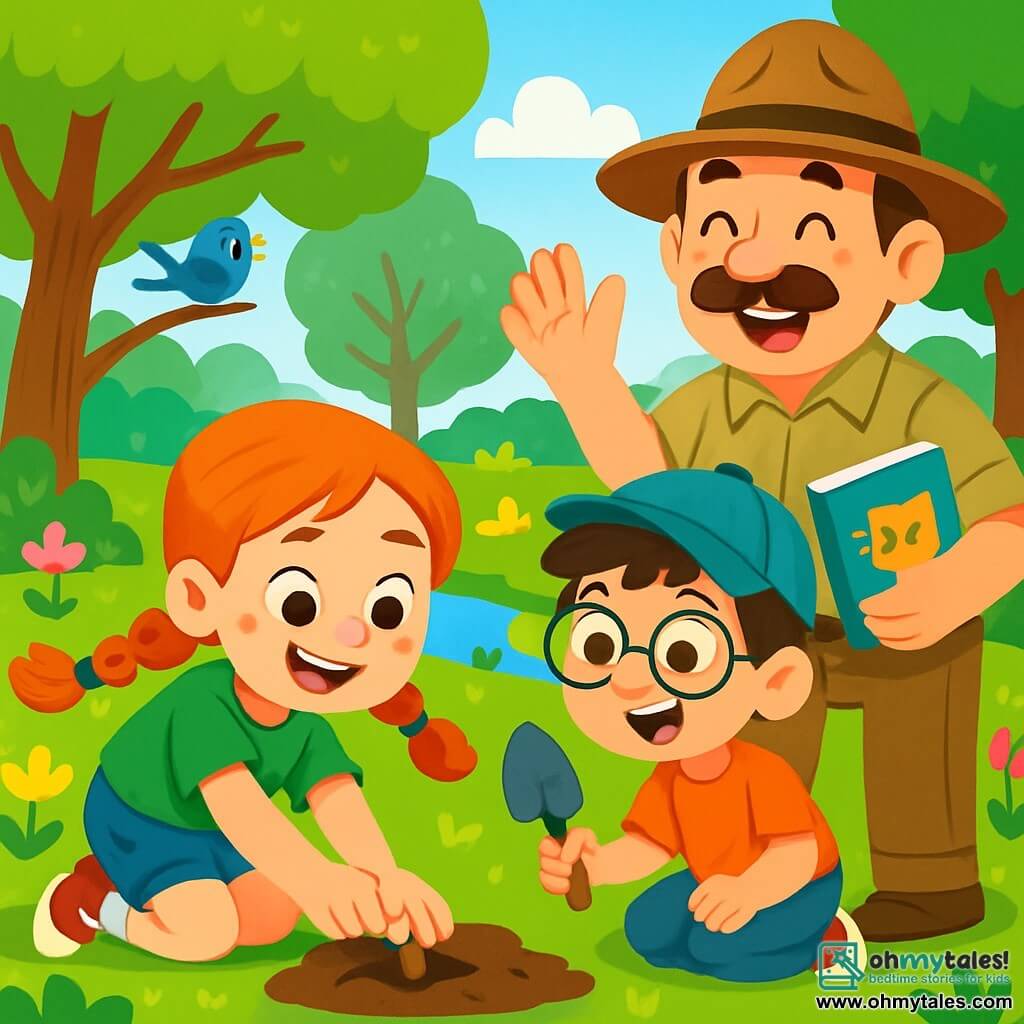 There are 3 characters:  
- Lily: an 8-year-old girl with long red hair in braids dancing in the wind. She wears a green t-shirt and denim shorts. She is planting a small seed in the ground, smiling and full of energy.  
- Sam: an 8-year-old boy with bright eyes and round glasses. He has messy brown hair and wears a blue cap. He holds a small shovel and looks at Lily with enthusiasm, ready to help her.  
- Mr. Green: an adult man with a large mustache and a ranger hat. He wears a khaki shirt and beige pants. He stands beside the children, encouraging them with a big smile while holding a book about animals.

The main setting is Big Green Park, a lush area filled with tall trees with vibrant leaves, colorful flowers dancing in the wind, and a small stream with sparkling waters. Birds sing in the branches, and ducks swim peacefully in the stream.

The main situation shows Lily and Sam planting seeds for new trees, surrounded by the beauty of nature, with Mr. Green guiding and praising them. The children are joyful and focused, filled with enthusiasm for their mission to protect the environment.