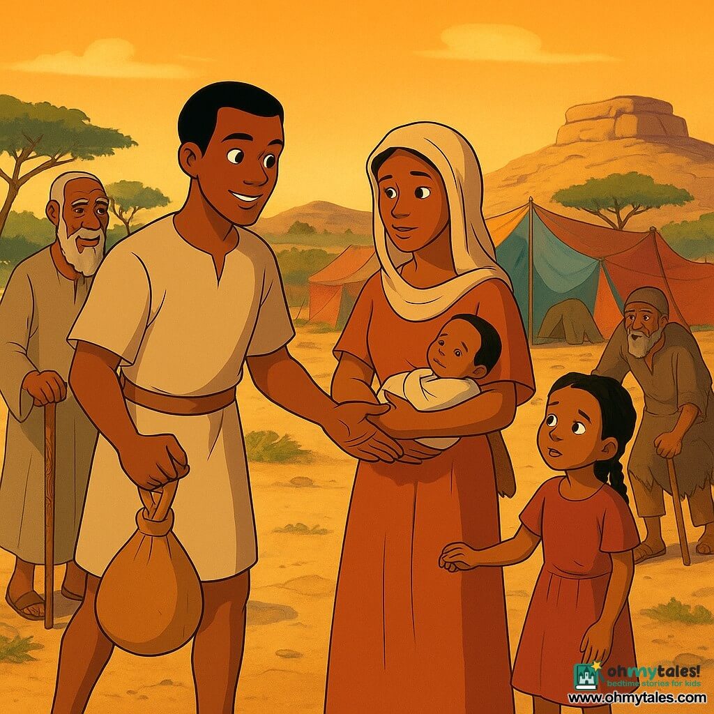 A man (Amadou), oval tanned face, bright smiling eyes, short black hair, wearing a dusty beige tunic and carrying a water skin, walks attentively and determinedly toward a small distressed family; an elderly man (Baba N’Golo, ~70) with a bushy white beard and wrinkled skin, holding a decorated staff, stands slightly back with a calm, benevolent look, observing and advising; a woman (the traveler) in a light earth-colored dress and pale headscarf holds a baby, tired but relieved, and is the focus of Amadou's approach; a girl (~8) with chapped lips and braided hair sits by the pack donkey, holding her mother's hand and looking at Amadou with shy surprise; an older traveling man (~60) with a simple staff, bent but grateful, stands near the donkey in the background. The setting is a low dune and sandy path lined with thorny bushes and a few acacias, flat stacked stones on a distant hill, a warm golden-orange late-afternoon sky with long shadows. Amadou guides the family toward a nomad camp where a low table with a bowl of milk, a stretched veil for shade, and colorful canvas tents create a calm, humane scene of aid, sharing, and care.
