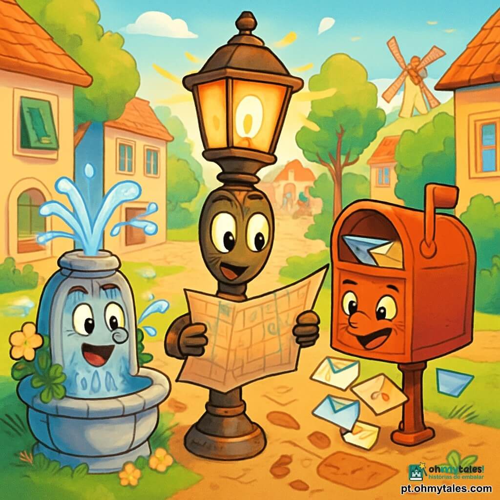 No centro da imagem, Luzinho, um candelabro de ferro, se ergue orgulhosamente, sua luz cintilante emitindo um brilho quente e alegre. Seu corpo é decorado com ferrugem, e sua tulipa de vidro brilha sob o sol, enquanto observa um velho mapa do bairro com curiosidade e determinação. À sua direita, Bordo, uma caixa de correio vermelha-viva, está ligeiramente aberta, deixando escapar cartas coloridas e envelopes perfumados. Ela exibe um sorriso travesso, com os olhos brilhando de empolgação, como se estivesse ansiosa para compartilhar segredos. À sua esquerda, a Fonte, uma fonte de água em pedra adornada com flores, espirra alegremente, criando arco-íris no ar. Ela parece entusiasmada, com gotas de água cintilantes dançando ao seu redor, adicionando um toque de magia à cena. O cenário é de um charmoso bairro animado, com casas coloridas de janelas abertas, árvores frondosas e calçadas brilhantes sob o sol. Ao fundo, vê-se um velho moinho de vento girando suavemente, enquanto uma pequena praça está cheia de risadas de crianças brincando. A situação principal mostra Luzinho, Bordo e a Fonte em plena investigação, examinando atentamente o mapa do bairro, cercados por pegadas na terra e pequenos indícios escondidos, prontos para resolver o mistério da rua perdida.
