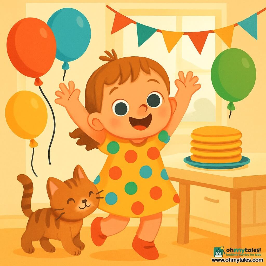 A 2-year-old girl named Mila, with big sparkling eyes and a radiant smile, is wearing a colorful polka dot dress. She jumps for joy with her arms raised, surrounded by colorful balloons floating around her. Next to her, her cat Muffin, an adorable striped kitten with soft fur, rubs against her leg while purring. In the kitchen, golden pancakes are stacked on the table, and paper garlands decorate the walls. The room is filled with light, with sun rays filtering through the windows. Mila, full of excitement, is searching for her super special birthday gift among the festive decorations.