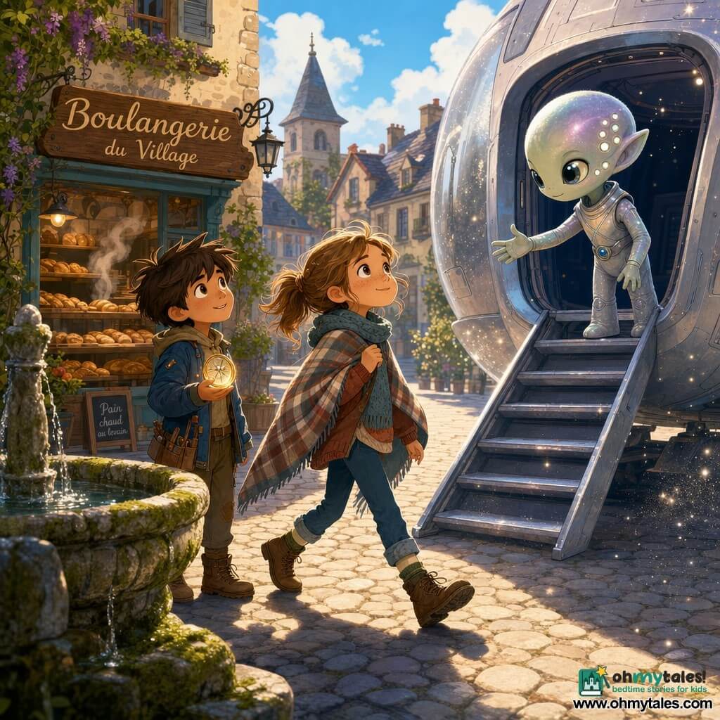 Main character: Mina, a 10-year-old girl with a round face, freckles, messy light brown pigtails, wide bright eyes and a serene, awed expression, wearing a small checkered plaid over her shoulders, walking toward the ladder of a silver ship; secondary characters: Lix, a small friendly alien with pearlescent pastel skin, a large forehead, six tiny shiny cheek spots and curious luminous eyes, standing on the ship platform with a hand extended in greeting; Jory, a roughly 10-year-old boy with tousled hair, a jacket with a tool pocket and an impatient but joyful expression, standing near Mina holding a glass compass glowing softly; setting: the village square paved with round stones, a moss-covered stone fountain in the foreground and a bakery with a steamy window and wooden sign in the background under a bright blue sky with a few powdered clouds; main situation: a warm morning-first-departure meeting as Mina descends the ship's ladder, atmosphere of friendship with vivid contrasting colors, silver dust falling like glitter, a knitted scarf over the plaid and shadow patterns on the cobbles.
