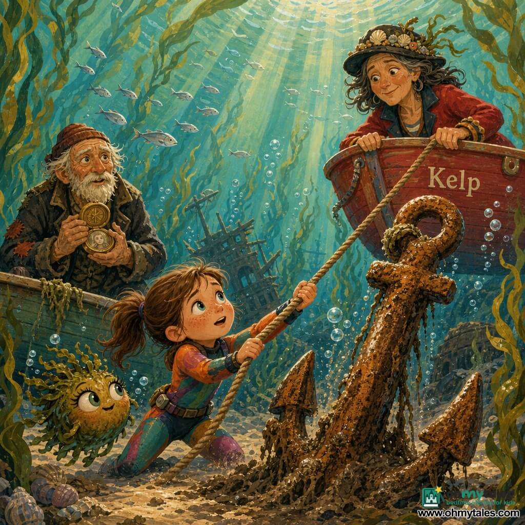 An 8-year-old girl with a round, freckled face and brown ponytail, determined and amazed, wearing a colorful little wetsuit, pulling a large rusty anchor with a thick rope as sparkling water swirls around her; Captain Lila, ~45, small three-stubbled silver beard, shell-adorned hat and red jacket, holding the stern of the small red boat named Kelp and encouraging the girl; an old fisherman ~70 with driftwood-wrinkled face and patched coat in a nearby skiff, clutching an open medallion to his chest and watching the rising anchor with emotion; a small kelpy puff creature, round with kelp fronds, long lashes and copper-green tones, floating beside the girl in complicity; dense kelp forest with long undulating leaves, nacreous shell beds, silver fish, sandy bottom and wrecks in the background, light shafts filtering down, the anchor emerging from silt near a wreck with rising bubbles, rope taut to the red boat, a collective effort and discovery moment painted in gouache turquoises, deep greens, ochres and copper accents.