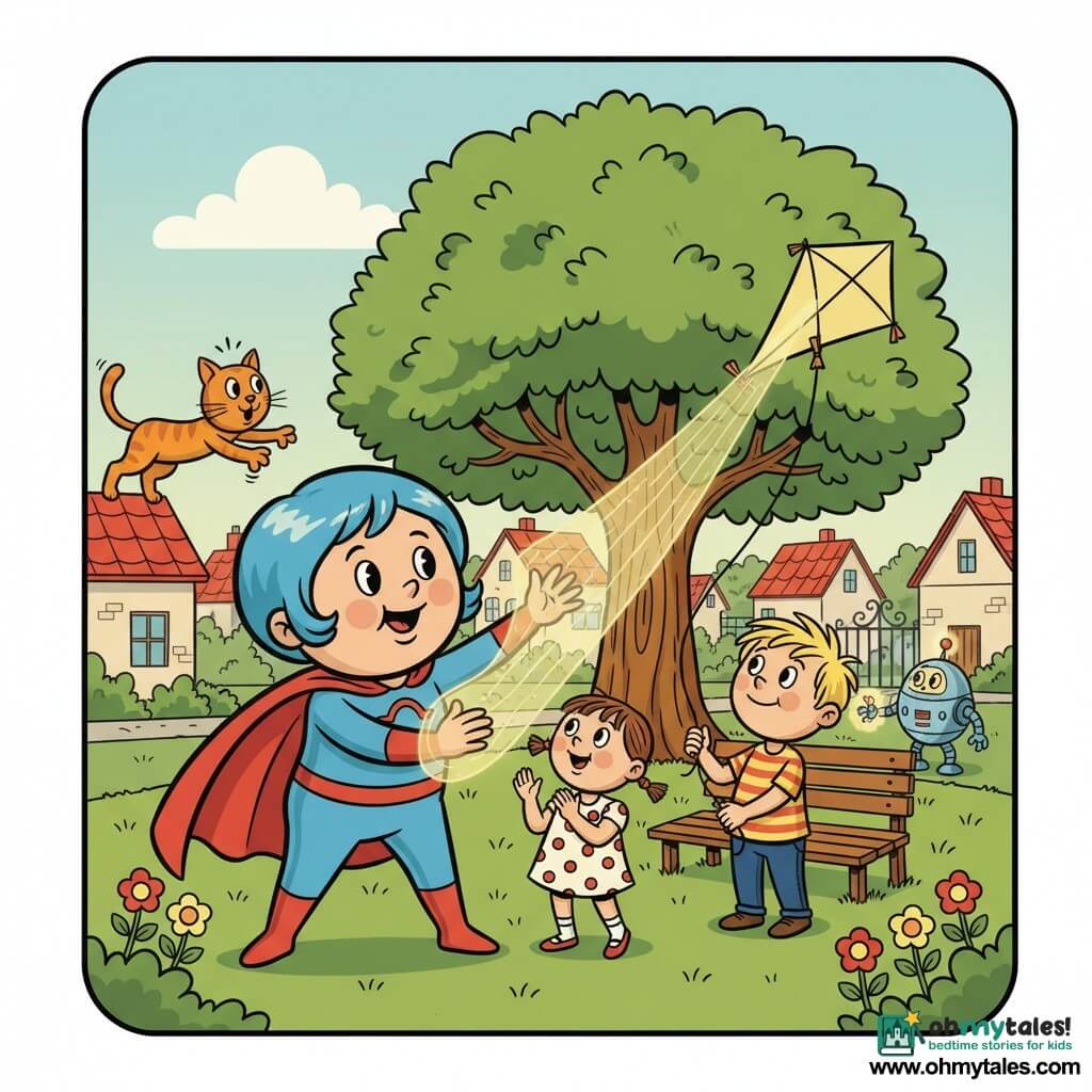 A smiling gentle female superhero with a round face and short electric-blue hair in a bright blue costume and red cape emits pale yellow light and blows a soft wind with her hands, weaving a delicate net of light to catch a kite descending from a large tree; a roughly 5-year-old brown-ponytailed girl in a polka-dot dress applauds on the grass, amazed, while a roughly 6-year-old tousled-blond boy in a striped tee holds the kite string; a sleek ginger cat perches on a red-tiled roof to the left with a paw reaching toward the heroine and wide eyes; a small round silver-and-blue robot beeps happily holding a glowing toy near the village gate; the scene is a bright village park with green grass, a large leafy tree, a wooden bench, colorful flowers, red-roofed houses and a pastel sky with a soft cloud, joyful atmosphere, saturated colors, rounded shapes, thick black outlines and tender exaggerated expressions.