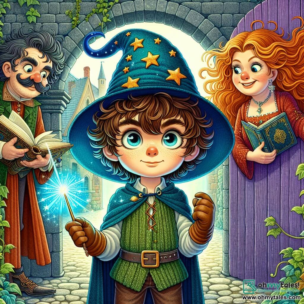 A 10-year-old boy, Oliver, stands at the center of the image with curious, bright eyes and a determined expression. He has messy brown hair and wears a blue wizard robe adorned with golden stars. He brandishes a sparkling magic wand, ready to face the unknown. To his right, Madame Zephyr, a woman in her forties, is dressed in a flamboyant red gown, with long, wavy hair that floats like flames. She watches Oliver with an encouraging smile, ready to assist him on his quest. To the left, Mr. Bumble, a jovial man in his fifties, wears a green robe and has a bushy mustache. He holds an open ancient book, prepared to offer magical advice. The scene takes place in a secret courtyard surrounded by old brick buildings covered in ivy, with a mysterious purple wooden door slightly ajar in the background, emanating a magical glow. Oliver is preparing to confront a dark figure near a shimmering portal, the tension palpable in the air as he focuses on casting his spell, determined to protect his magical world.