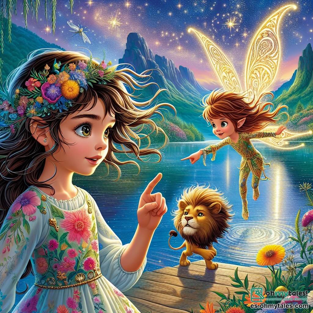Una niña de 12 años, llamada Sofía, está al borde de un lago brillante, con ojos llenos de curiosidad y cabello castaño ondulado al viento. Lleva un vestido colorido con motivos florales y sostiene una pluma dorada, maravillada por el agua que refleja las estrellas. A su lado, un pequeño duende llamado Píxel, de 8 años, vuela con alas brillantes y una sonrisa traviesa, rodeado de chispas de magia, señalando al cielo como si revelara un secreto a Sofía. Detrás de ellos, un majestuoso león llamado Leónidas, de 5 años, se mantiene orgulloso y protector, con una melena dorada, observando atentamente los alrededores. El lugar es un lago encantador, rodeado de montañas verdes y flores coloridas que bailan al viento, mientras el cielo está salpicado de estrellas brillantes y una luna que ilumina la escena con una suave luz plateada. Sofía, Píxel y Leónidas están juntos, listos para sumergirse en la aventura y decididos a salvar el reino de Lunaria.