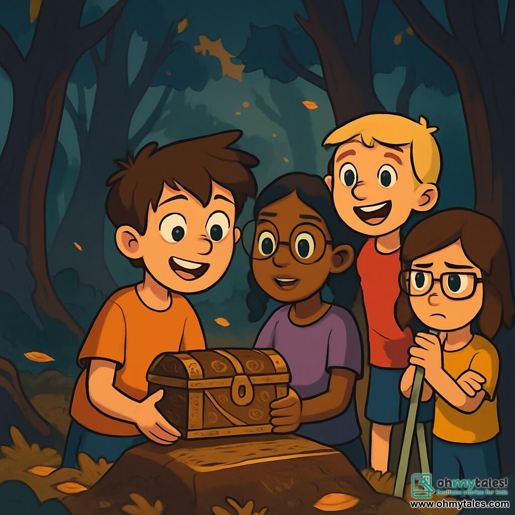There are 4 children: Jack, a 10-year-old boy with messy brown hair and sparkling curious eyes, holding an old chest in his hands, looking in wonder; Aisha, a 9-year-old girl with braided black hair and round glasses, standing next to Jack with her hands on the chest, fascinated by the engraved symbols; Sam, a 10-year-old boy with blond hair and a wide smile, leaning on his crutches, watching the scene with a mix of excitement and apprehension; and Lily, a 9-year-old girl with brown hair and rectangular glasses, standing slightly back with her arms crossed, intensely pondering the situation. The setting is a dark, mysterious forest with gnarled trees rising like silent giants, golden leaves gently falling to the ground, and soft light filtering through the branches, creating a captivating play of shadows. In the center, an old wooden chest, partially buried in the ground, glimmers under the rays of the setting sun. The main situation shows the children discovering the mysterious chest, their faces lit up with curiosity and a slight thrill of adventure, while the shadows in the forest seem to move, adding an atmosphere of suspense as the children exchange intrigued glances, ready to explore the secret within the chest.