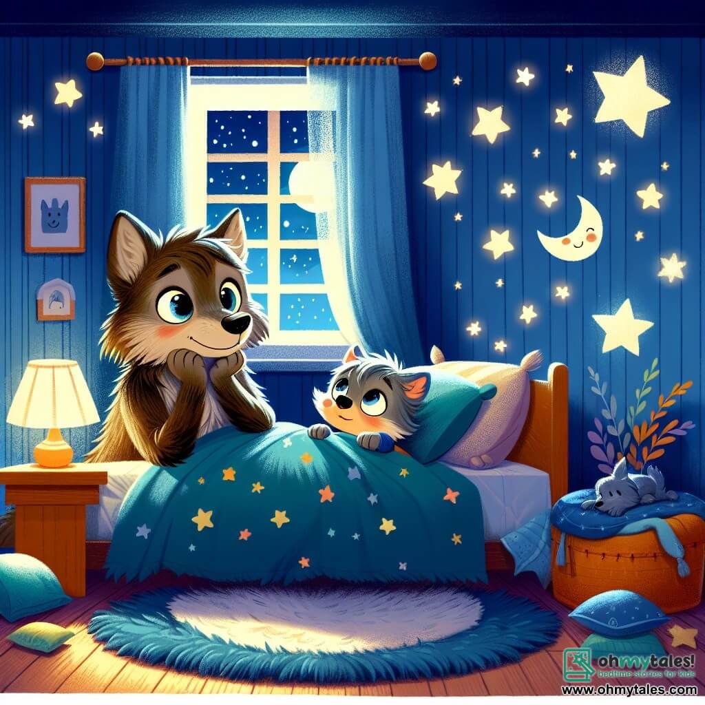 A small, soft gray wolf with big, shiny round eyes is lying in his cozy bed, displaying a worried expression on his face. He looks at the ceiling, where twinkling stars are painted, gently illuminating the room. Next to him, his mother, a tall wolf with silky brown fur, smiles tenderly at him with warm, comforting eyes. She sits on the edge of the bed, gently holding his paw, showing that she is there to reassure him. The room is small and welcoming, with walls painted midnight blue, fluffy cushions, and a soft moon-shaped rug. A window lets in silver moonlight, creating a magical atmosphere. In this illustration, the little wolf expresses his fear of the dark while his mother talks to him about the stars, transforming fear into wonder.