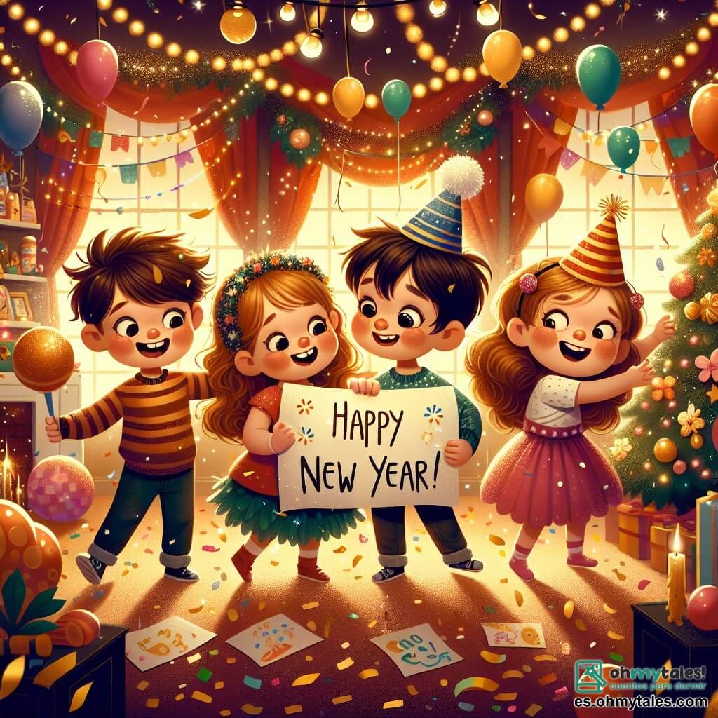 En una habitación cálida y colorida, cuatro niños están juntos, rodeados de decoraciones festivas. Lucas, un niño de 10 años con cabello castaño desordenado y una gran sonrisa, sostiene un gran cartel "Feliz Año Nuevo" que ha hecho. A su derecha, Ana, una niña de 9 años con trenzas rubias, levanta los brazos, maravillada por la magia de la fiesta. A la izquierda, Tomás, un niño de 8 años con gafas y cabello negro, observa un misterioso papel brillante que encontró, con los ojos muy abiertos por la curiosidad. Finalmente, Sofía, una niña de 9 años con rizos castaños y un sombrero de fiesta, baila alegremente, rodeada de globos coloridos que flotan a su alrededor. La habitación está decorada con guirnaldas brillantes, luces parpadeantes y un gran árbol de Navidad iluminado, creando un ambiente festivo y mágico. Confetis dorados caen suavemente del techo, añadiendo un toque de alegría a la escena. Los niños se están preparando para la fiesta de Año Nuevo, descubriendo un mensaje secreto que los lleva a una aventura mágica, listos para hacer deseos para el año que viene.