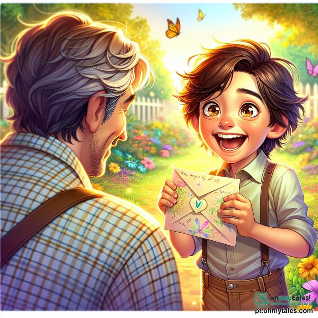 Um garoto de 10 anos, Miguel, com cabelos castanhos bagunçados e olhos brilhantes de curiosidade, está no centro da imagem, segurando uma carta colorida nas mãos. Seu rosto irradia alegria e empolgação, enquanto sorri amplamente, pronto para surpreender seu pai. Ao lado dele está seu pai, um homem na casa dos quarenta anos, com uma barba leve e um sorriso acolhedor. Ele veste uma camisa xadrez e olha para Miguel com orgulho, agachando-se ligeiramente para ficar na altura dele. O cenário é um jardim encantador, repleto de flores coloridas e árvores verdes, banhado pela luz dourada do sol da manhã. Borboletas dançam ao redor, adicionando um toque mágico à atmosfera. A cena principal mostra Miguel, cheio de entusiasmo, entregando sua carta mágica ao pai, que parece maravilhado com a surpresa. Uma aura de felicidade e ternura emana dessa cena familiar, simbolizando o amor e a gratidão compartilhados durante o Dia dos Pais.