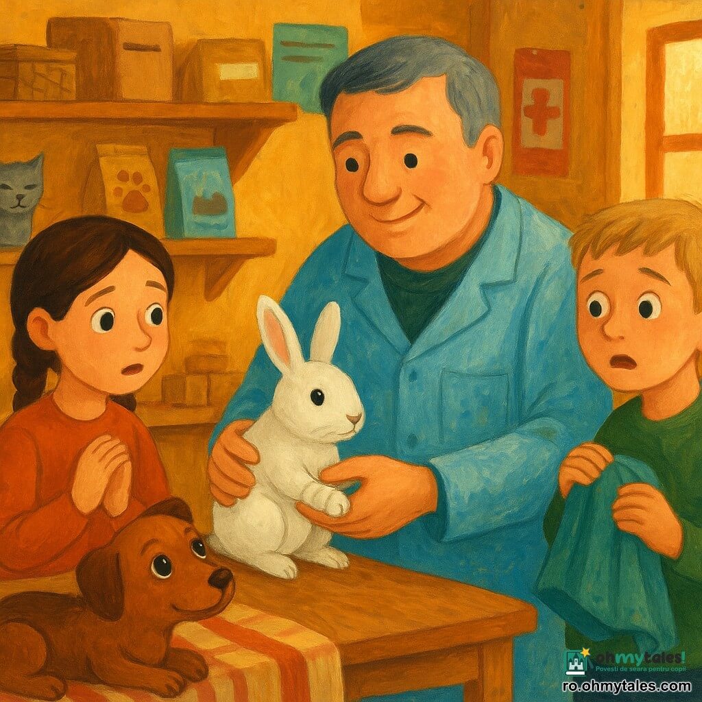 Un veterinar à visage rond, cheveux poivre et sel, sourire doux, porte une blouse bleue tachée et penche en avant en tenant délicatement un petit lapin blanc à la patte bandée, expression compatissante; à sa gauche une fille d’environ 9 ans, cheveux bruns en tresse, mains jointes et regard émerveillé, près d’une table en bois; à droite un garçon d’environ 8 ans, cheveux blonds courts, yeux anxieux, tient une petite couverture près du lapin; le chien Léon, petit et marron aux grands yeux brillants, est couché sur une couverture rayée au premier plan en remuant la queue; la chatte Nina, grise et au poil doux, est assise sur une étagère basse derrière la table en ronronnant; le refuge est chaleureux avec des murs couleur miel, étagères en bois pleines de boîtes, paniers en osier, sacs de croquettes et affiches colorées; une fenêtre basse laisse entrer une lumière orangée de fin de journée créant des ombres douces et mettant en valeur les textures de laine et de bois; scène de soin calme et tendre: le vétérinaire soigne le lapin tandis que les enfants regardent avec respect et espoir; palette gouache aux couleurs chaudes (ocre, orange, rose pâle) avec accents de bleu et vert et traits de pinceau visibles pour un rendu artisanal et chaleureux