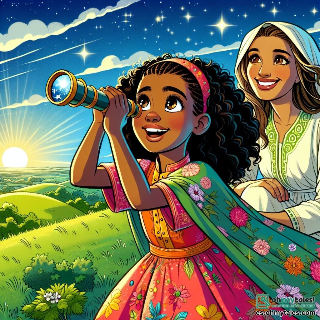 Una niña de 10 años, Aisha, con cabello rizado y negro, ojos grandes y curiosos, y una sonrisa radiante, está de pie en una colina verde sosteniendo un pequeño telescopio. Lleva un vestido colorido con patrones florales, y su rostro expresa asombro y alegría. A su lado, su madre, una mujer de unos treinta años, con cabello largo y castaño, sonriente y bondadosa, la anima con una mirada orgullosa. Al fondo, el cielo es de un azul brillante, salpicado de nubes blancas, mientras el sol se eleva suavemente en el horizonte, iluminando el paisaje. La escena principal muestra a Aisha, impaciente y emocionada, observando el cielo a través de su telescopio, esperando ver la nueva luna que marcará el inicio del Ramadán.