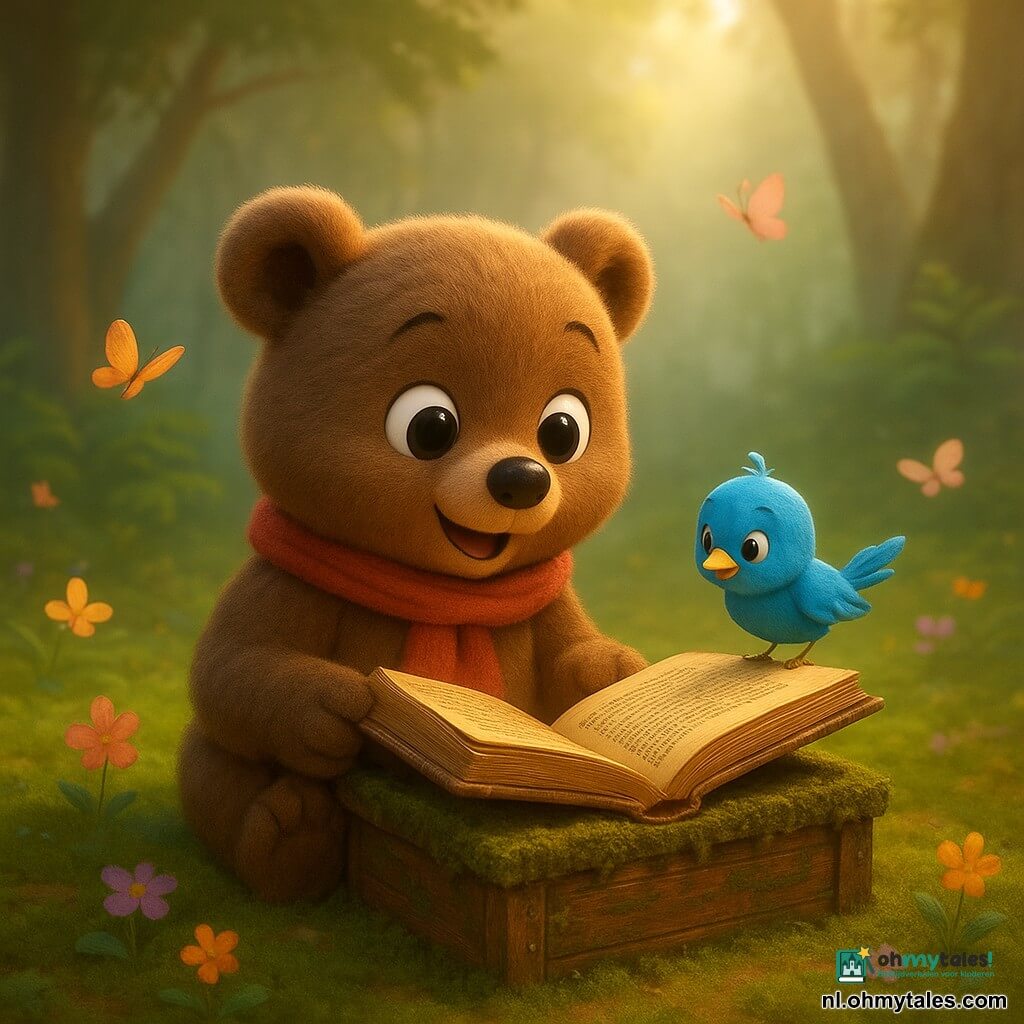 Een klein bruin beertje met pluizige vacht en rood sjaaltje kijkt verwonderd naar een met mos bedekte kist die hij net opende; zijn pootjes houden voorzichtig een oud boek met vergulde bladzijden. Een felblauw vogeltje zit op de rand van de kist en bekijkt het boek. Enkele bloemen en vlinders fladderen rond, de vallei ligt achter een gordijn van varens met een mosbedekt grond, gedraaide bomen en gouden zonnestralen door de ochtendmist. De scène toont het magische ontdekmoment met warme lichtinval, zachte texturen en een compositie gericht op het beertje en het boek.