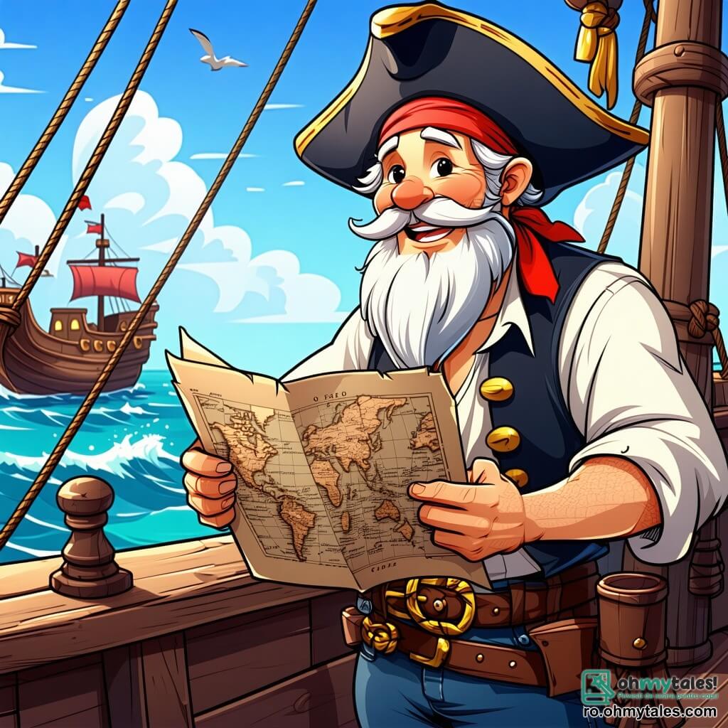 Un vechi pirat, Bartolomeu, un bărbat de aproximativ 60 de ani, cu o barbă lungă albă ca zăpada și un bandană roșie pe cap, stă mândru pe puntea navei sale, "Sirena de Argint". Fața lui este marcată de aventuri, iar ochii îi strălucesc de inteligență și determinare. Zâmbește cu mândrie, ținând o hartă a comorii într-o mână, în timp ce cealaltă mână este așezată pe balustradă. Lângă el, Jack, un băiat de 12 ani, cu părul brun zburlit și ochii plini de entuziasm, privește harta cu uimire. Poartă o vestă din piele uzată și pantaloni din pânză, stând ușor înapoi, pregătit să asculte instrucțiunile lui Bartolomeu. Locul este un vast ocean albastru, cu valuri strălucitoare sub soarele auriu, iar nava este înconjurată de pescăruși care zboară în cerc deasupra lor. În fundal, o insulă misterioasă se conturează, acoperită cu palmieri verzi și stânci abrupte. Situația principală arată cum Bartolomeu și Jack își planifică următoarea aventură, cu o expresie de entuziasm pe fețele lor, pregătindu-se să navigheze spre insulă în căutarea unei comori ascunse.