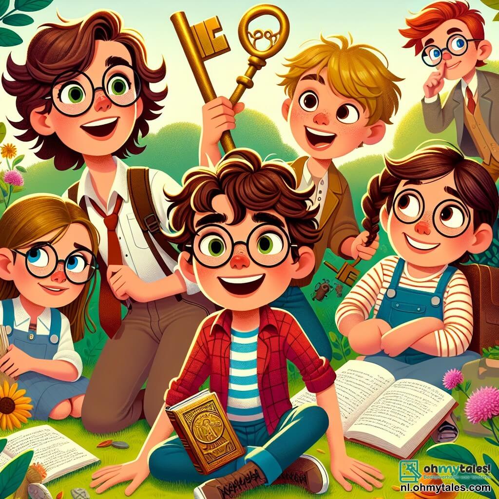 Een 12-jarig jongen, Sam, met krullend haar en een bril, staat in het midden van de afbeelding, enthousiast glimlachend terwijl hij een oude gouden sleutel in zijn hand houdt. Rechts van hem leest Emma, een 11-jarig meisje met bruin haar en ronde brillen, een boek terwijl ze nieuwsgierig opkijkt naar de sleutel. Links maakt Max, een 12-jarig jongen met messy blond haar, een grappige gezichtsuitdrukking, klaar om een grap te vertellen, terwijl Lisa, een 11-jarig meisje met lang gevlochten haar, op het gras zit te tekenen, verdiept in haar verbeelding. Tom, de jongste, een 9-jarig jongen met kastanjebruin haar en een grote glimlach, verzamelt bladeren voor een schattenjacht. De locatie is een zonnig park met groene bomen, een oude houten schuur op de achtergrond en kleurrijke bloemen langs het pad. In het midden nodigt een groot groen grasveld uit tot avontuur. De belangrijkste situatie toont de vrienden die een oude houten kist ontdekken, omringd door gelach en opwinding, klaar om de mysterieuze inhoud te verkennen.