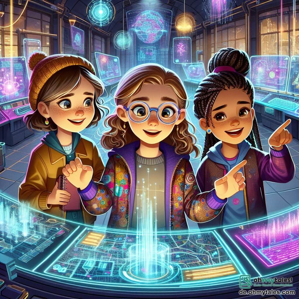 Im Vordergrund stehen drei elfjährige Mädchen zusammen, ihre Gesichter strahlen vor Aufregung. Mia, mit lockigem braunem Haar und runden Brillen, schaut fasziniert auf einen holographischen Bildschirm. Rechts von ihr zeigt Lila, mit geflochtenem blonden Haar und einer bunten Jacke, auf eine futuristische Karte, ihre Augen funkeln vor Neugier. Links lächelt Sara, mit schwarzem Haar und einem Strohhut, während sie in ein kleines Notizbuch schreibt. Im Hintergrund ist das futuristische Labor mit schimmernden Maschinen und hellen Lichtern gefüllt. Hologramme schweben in der Luft und projizieren komplexe Daten an die Wände. Leuchtende Rohre schlängeln sich entlang der Wände, und riesige Bildschirme zeigen bunte Grafiken. Die Hauptsituation zeigt die Mädchen, die ein gefährliches Geheimnis über die Energiequellen ihrer Stadt entdecken. Sie stehen vor einem großen holographischen Bildschirm, auf dem eine Karte der Stadt intensiv leuchtet und instabile Energiepunkte offenbart, während sie von einer Atmosphäre des Geheimnisses und Abenteuers umgeben sind.