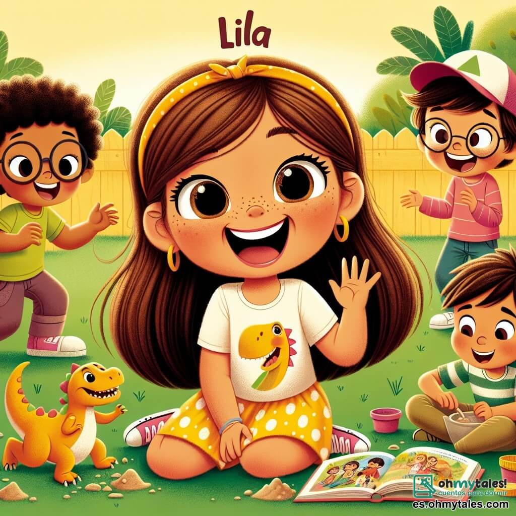 En el centro de la imagen, una niña de 7 años llamada Lila, con largos cabellos castaños y ojos brillantes de alegría, lleva una camiseta amarilla y una falda de lunares. Ríe a carcajadas, con los brazos en alto, rodeada de sus amigos. A su derecha, Tomás, un niño de 7 años con una gorra roja y una gran sonrisa, cuenta un chiste, gesticulando con entusiasmo. A la izquierda, Sofía, una niña de 7 años con cabello rizado y una expresión traviesa, está agachada modelando un dinosaurio de arcilla, mientras que Sam, un niño de 7 años con grandes gafas que se deslizan por su nariz, lee un libro de aventuras, sentado en una caja junto a ellos. El escenario se desarrolla en un parque soleado, lleno de flores coloridas y grandes árboles verdes. Al fondo, un gran castillo de cartón, hecho de cajas de diferentes tamaños, se erige orgullosamente, decorado con dibujos de niños y guirnaldas de papel. La situación principal muestra a Lila y sus amigos riendo juntos, compartiendo bromas y momentos de alegría mientras construyen su castillo de cartón, creando una atmósfera de camaradería y felicidad.