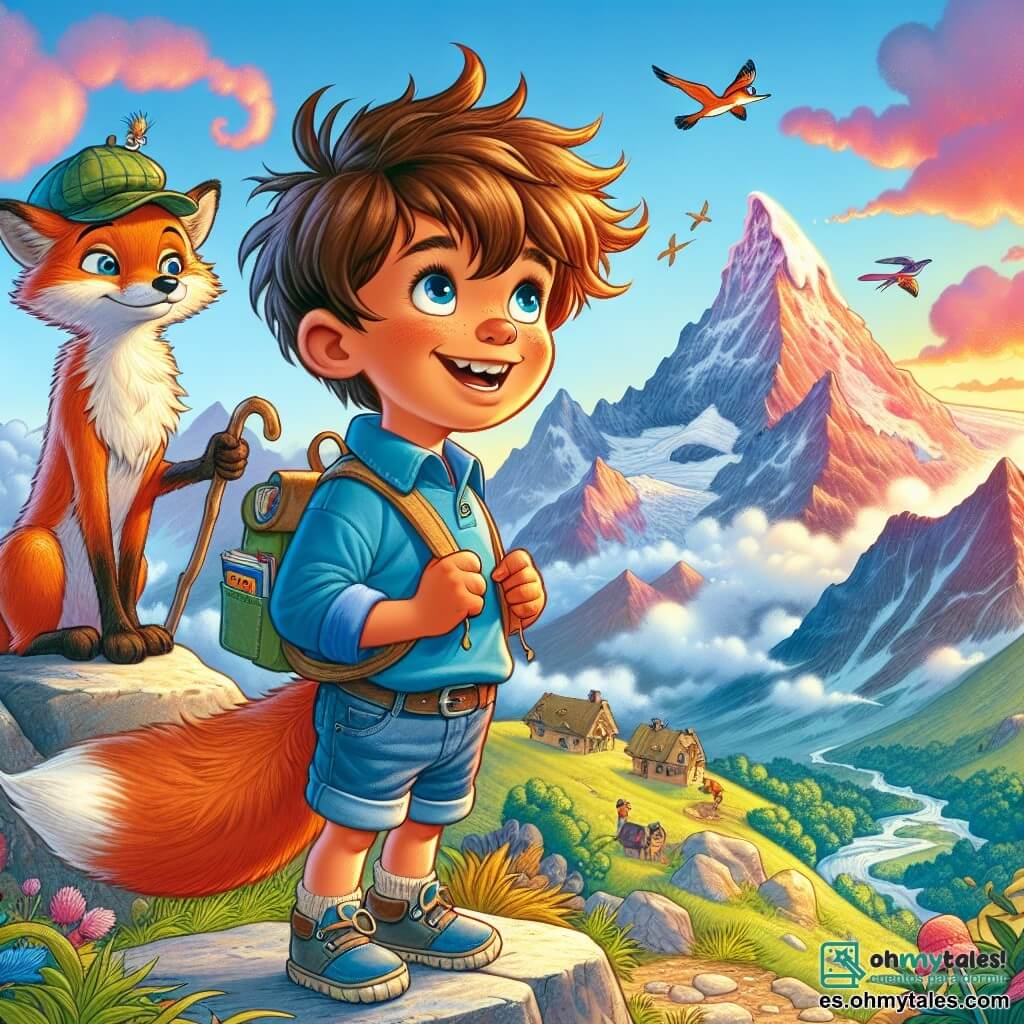 Un niño de 9 años, Lucas, con cabello castaño desordenado y ojos brillantes de curiosidad, se encuentra en la cima de una majestuosa montaña. Su rostro expresa alegría y asombro mientras contempla el paisaje colorido del amanecer, con tonos de rosa y naranja iluminando el cielo. Lleva una camiseta azul y un pantalón corto de denim, y en su mano sostiene un pequeño cuaderno donde ha anotado sus descubrimientos. Cerca de él, un viejo zorro de pelaje rojizo y ojos traviesos, con un sombrero de copa y un pequeño bastón, lo observa con una sonrisa cómplice. Se encuentra sobre una piedra, como si fuera el guardián de este momento mágico. El lugar es una montaña con cumbres nevadas, rodeada de valles verdes y ríos brillantes. Nubes ligeras flotan en el cielo y aves coloridas vuelan a su alrededor, añadiendo vida a este paisaje encantador. La situación principal muestra a Lucas, maravillado por la belleza del mundo que se extiende ante él, dándose cuenta de que la verdad es un viaje lleno de descubrimientos y aprendizajes.