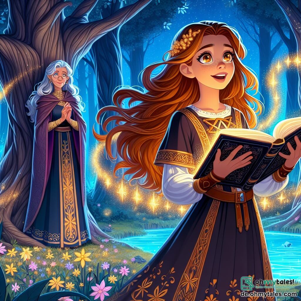 Elara, eine elfjährige Hexe, steht am Rand einer magischen Quelle, ihre langen kastanienbraunen Haare wehen um sie. Ihre Augen strahlen vor Aufregung und Entschlossenheit, während sie eine alte Schriftrolle in den Händen hält, bereit, den Fluch, der auf ihrer Familie lastet, zu brechen. Neben ihr beobachtet eine weise alte Frau mit silbernem Haar und einem wohlwollenden, aber runzligen Gesicht Elara stolz, leicht im Hintergrund stehend, wie eine schützende Mentorin. Der Ort ist eine verzauberte Lichtung, getaucht im sanften Mondlicht, umgeben von großen, knorrigen Bäumen und leuchtenden Blumen, die den Boden in lebendige Farben tauchen. Die Quelle, in strahlendem Blau, funkelt unter den Sternen und schafft eine mystische und beruhigende Atmosphäre. Elara, voller Mut, liest laut magische Worte aus der alten Schrift, während goldene Lichtblitze um sie herum sprühen, was die erwachende Magie symbolisiert, die ihre Familie vom ancestral Fluch befreien soll.