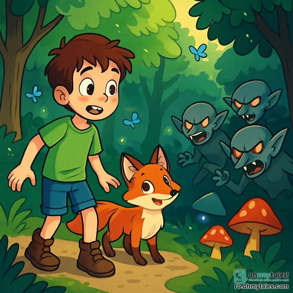Radu, un băiat de aproximativ 12 ani, are părul castaniu și ochii plini de curiozitate. Poartă un tricou verde, o pereche de pantaloni scurți din denim și bocanci uzați. Fața lui exprimă excitație și o ușoară neliniște în timp ce stă pe marginea unui potec, pregătit să exploreze. Lângă el, Lira, o vulpiță cu blană de foc, are ochii strălucitori și coada pufoasă, stând jucăușă, gata să-l însoțească. Pădurea din jur este densă, cu copaci înalți și frunze verzi, iar razele soarelui pătrund greu printre crengi. Radu și Lira se confruntă cu un grup de goblini cenușii, cu ochi roșii și colți ascuțiți, care le blochează calea. Radu, cu inima bătându-i puternic, își îndreaptă privirea spre ei, pregătit să-și apere prietena și să-și continue aventura.