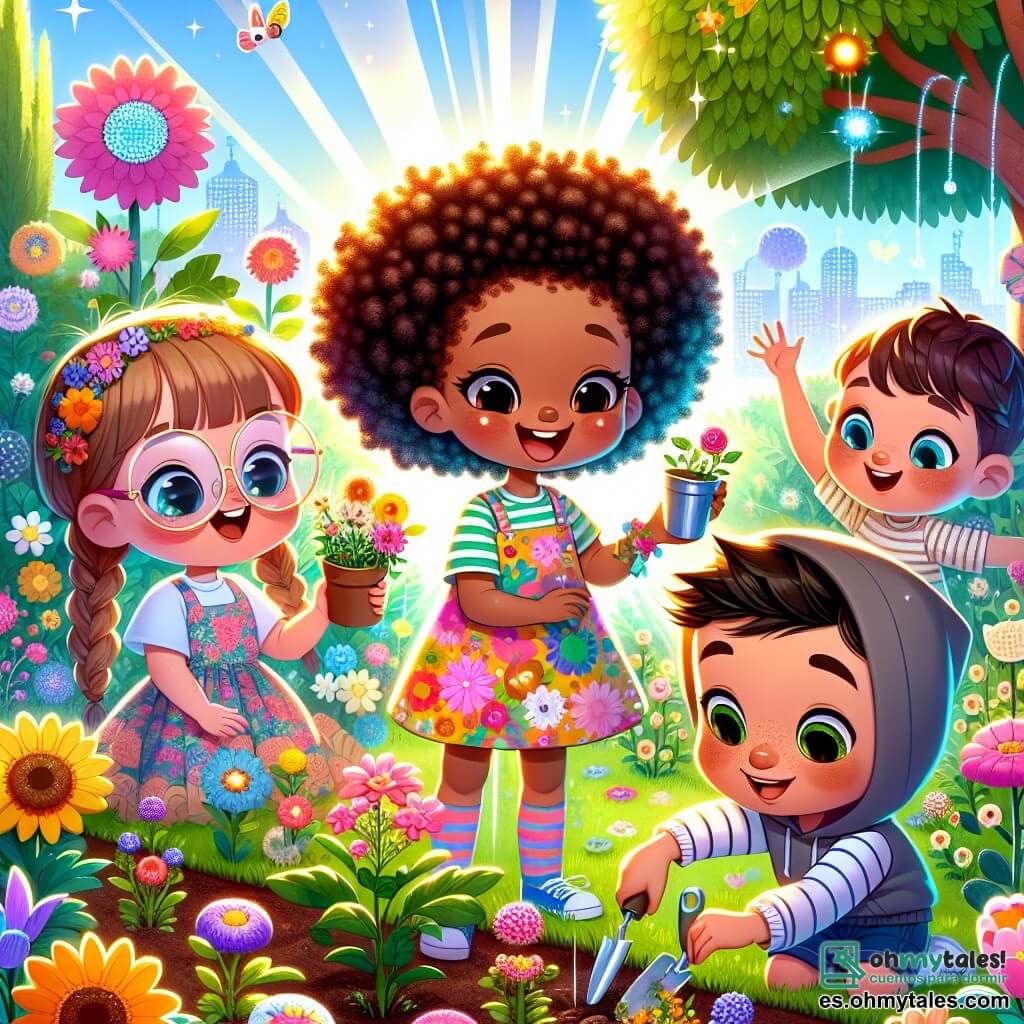 Una niña de seis años, con largos cabellos rizados y un vestido colorido, sonríe mientras planta flores en un jardín luminoso. Un niño de seis años, con gafas redondas y una camiseta a rayas, se arrodilla a su lado, sosteniendo una pequeña pala y observando atentamente las semillas que está a punto de plantar. Otra niña de seis años, con trenzas y una falda con estampados florales, levanta los brazos con entusiasmo, mientras un niño de seis años, con cabello corto y sudadera con capucha, mira a su alrededor con ojos maravillados. El jardín es un lugar mágico, lleno de flores multicolores que brillan bajo el sol, con robots amigables que cuidan las plantas y árboles gigantes que parecen tocar el cielo. Caminos brillantes serpentean por el jardín y paneles holográficos muestran proyectos futuristas para la ciudad. La escena principal muestra a los niños trabajando juntos para plantar flores y aprender a cuidar su entorno, rodeados de la belleza resplandeciente de su ciudad futurista, llena de colores y alegría.