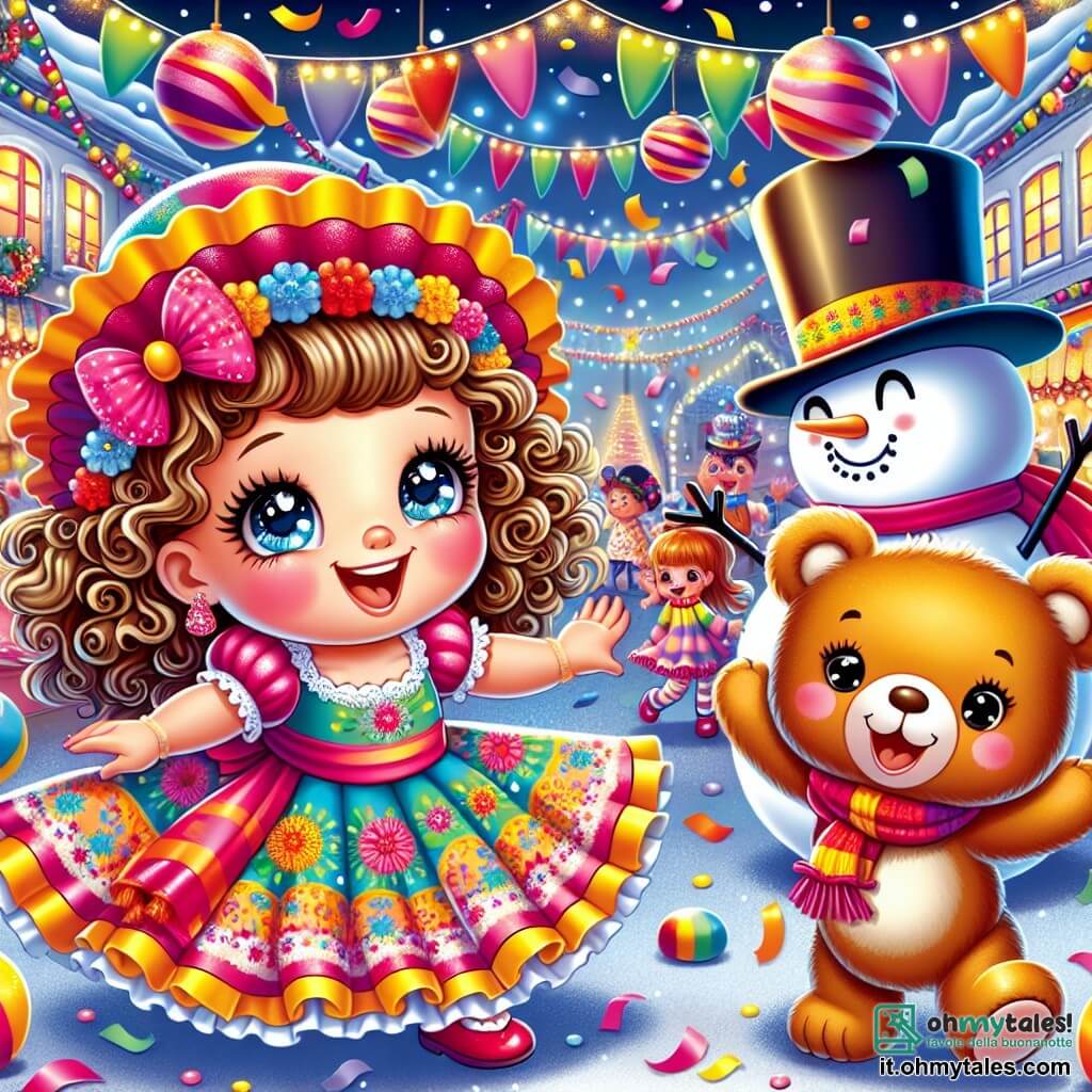 Una bambina di 2 anni, Lia, con grandi occhi scintillanti e capelli ricci, indossa un vestito colorato con motivi floreali. Sorride di gioia, le sue guance rosa illuminate dall'emozione del carnevale. Accanto a lei, un allegro orsetto di peluche, con pelliccia marrone e un piccolo fiocco rosso, danza girandosi. Sullo sfondo, un grande pupazzo di neve con un cappello alto e un naso di carota agita le braccia ridendo. Il luogo è una strada animata, decorata con ghirlande multicolori, palloncini fluttuanti e coriandoli che cadono dal cielo. I bambini ridono e giocano intorno, creando un'atmosfera festosa e magica. La scena principale mostra Lia e l'orsetto che danzano insieme, circondati da musica e risate, celebrando la gioia del carnevale in questo mondo incantevole.