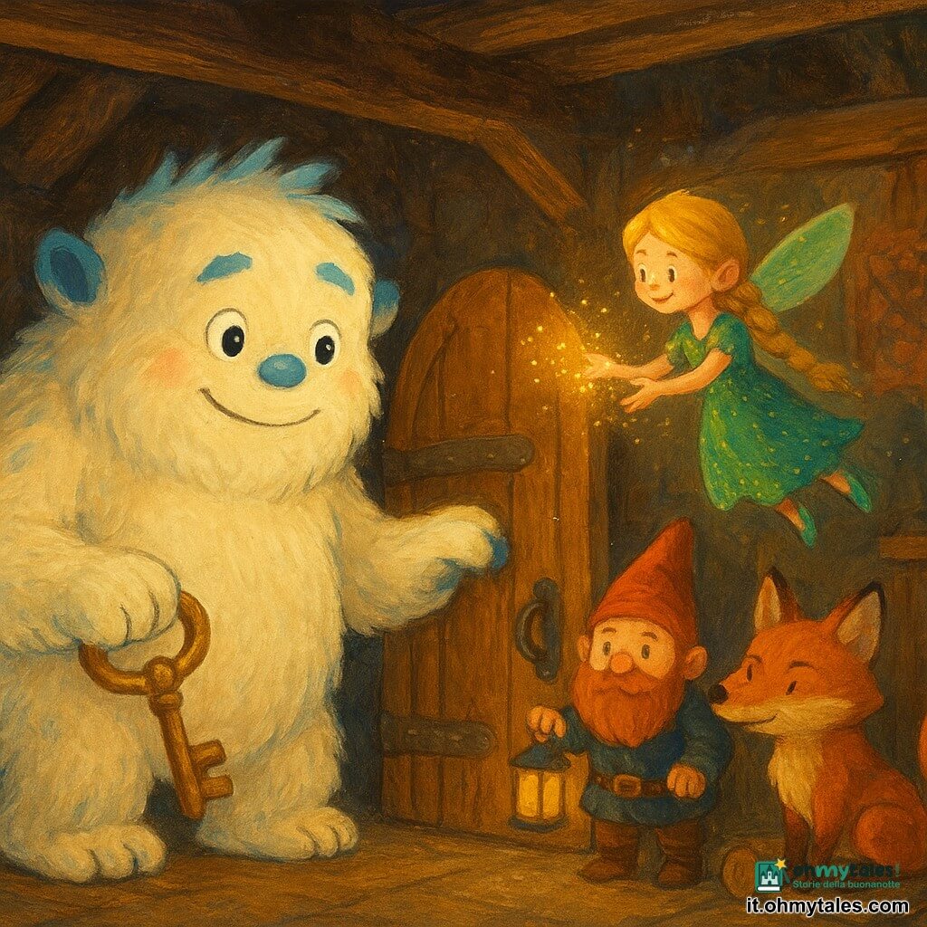 Un giovane yeti chiamato Timo, alto e paffuto, pelliccia crema con ciocche blu e occhi rotondi e sorridenti, tiene una vecchia chiave lucente nella sua grossa mano pelosa e apre una piccola porta di legno; una fata bionda con treccia e vestito verde scintillante vola spargendo scintille dorate, uno gnomo tozzo con berretto rosso e barba rossiccia tiene una lanterna su un gradino dietro Timo, e una volpe parlante rossiccia dagli occhi maliziosi è seduta accanto alla porta con la coda avvolta a una ceppaia; il luogo è un vecchio mulino di legno con travi a vista, polvere dorata nell'aria e boiserie consumate; la porta segreta si apre su una stanza magica, calda e dai toni avvolgenti, con giocattoli di legno antico e libri dalle copertine scintillanti.