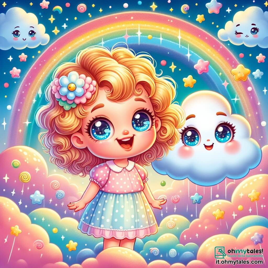 Una bambina di 2 anni, Lulù, con grandi occhi brillanti e capelli ricci dorati, sorride meravigliata mentre si trova su una dolce nuvola rosa. Indossa un vestito leggero a pois multicolori e le sue guance sono rosa per l'emozione. Accanto a lei, una Nuvola Saggia, una nuvola antropomorfa dai contorni morbidi e dagli occhi furbi, fluttua con un sorriso caloroso, circondata da piccole stelle scintillanti. Il luogo è un cielo blu brillante, pieno di nuvole soffici e colorate, dove arcobaleni si disegnano sullo sfondo, creando un'atmosfera magica e gioiosa. La scena principale mostra Lulù e la Nuvola Saggia che volano insieme verso il Paese dei Pensieri, dove pensieri colorati fluttuano intorno a loro come bolle di sapone, riempiendo l'aria di dolcezza e sogno.