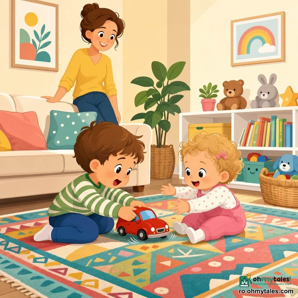 Băiețel de 2 ani, vesel și uimit, cu păr scurt brun, obraji rotunzi și ochi mari, ține o mașinuță roșie și trage de ea; sora de aproximativ 1 an, curioasă și zâmbitoare, cu păr blond buclat, stă pe covor în dreapta și întinde mâna spre aceeași jucărie; mama, femeie în treizeci de ani, blândă, cu părul șaten prins în coc, stă în spate zâmbind și sprijină o mână pe canapea; camera e un living luminos cu covor mare cu modele, canapea bej, pernuțe pastel, o etajeră joasă cu plușuri și un coș împletit; scena arată copiii împărțind jucăria în centrul covorului, mașinuța căzută rostogolindu-se ușor, într-o lumină caldă și prietenoasă.