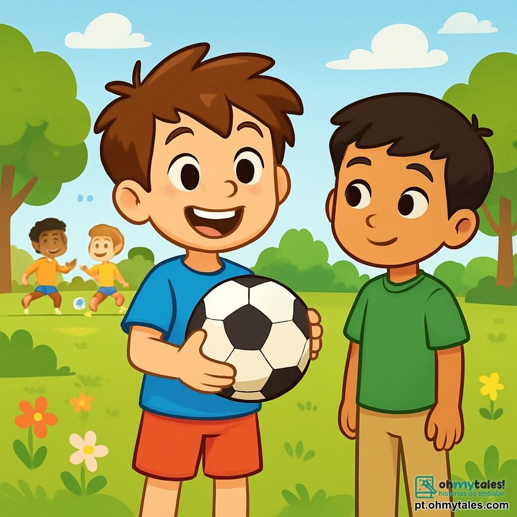 Um menino de 10 anos, chamado João, com cabelos castanhos bagunçados e olhos brilhantes de curiosidade, sorri alegremente enquanto segura uma bola de futebol. Ele usa uma camiseta azul vibrante e um short vermelho, e está em um campo de grama. Ao seu lado, Amir, um menino de 10 anos com cabelos negros e olhos escuros, observa com um sorriso tímido. Ele veste uma camiseta verde e uma calça bege, e se mantém um pouco atrás, observando o grupo de meninos que jogam futebol. O local é um playground ensolarado, cercado por árvores verdes e flores coloridas, com risadas de crianças ecoando no ar. A cena principal mostra João convidando Amir a se juntar a eles para jogar futebol, ilustrando um momento de amizade e aceitação entre os dois meninos, apesar de suas diferenças culturais.