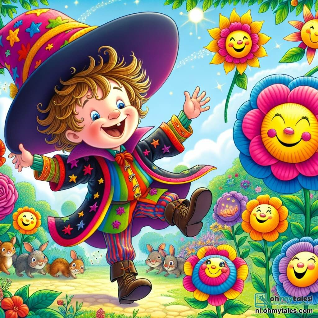 Een blije tovenaar genaamd Kiki, een jongen met tousled haar en een grote kleurrijke jurk, danst enthousiast midden in een betoverde tuin. Zijn gezicht straalt van geluk, zijn ogen twinkelen van ondeugendheid terwijl hij zijn grote hoed laat draaien die in de lucht zweeft. In de buurt buigen bloemen met glimlachende gezichten en felle kleuren, zoals rozen en zonnebloemen, lachend naar hem, wat een vleugje magie aan de scène toevoegt. Een groepje kleine dieren, zoals konijnen en eekhoorns, kijkt Kiki met verwonderde ogen aan, klaar om zich bij zijn dans aan te sluiten. De tuin is weelderig, vol met kleurrijke bloemen, bomen met takken vol glanzende vruchten en een stralende blauwe lucht, waar de zon vrolijk schijnt. Kiki, terwijl hij danst en rondjes draait, probeert een nieuwe spreuk om de bloemen en dieren aan het lachen te maken, waardoor een sfeer van vreugde en gelach ontstaat.