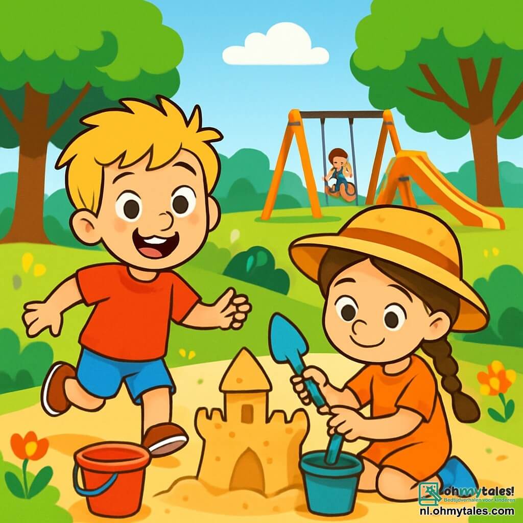 Een 6-jarig jongetje, Lars, met rommelig blond haar en sprankelende ogen, speelt in een zonnig park. Hij draagt een felrode t-shirt en een blauwe short, en hij glimlacht breed. Naast hem is een 6-jarig meisje, Emma, met lange gevlochten bruine haren en een strohoed, die een zandkasteel bouwt. Ze is geconcentreerd en glimlachend, met een gekleurde schep in haar handen. Het park is groen met grote bomen, kleurrijke bloemen die in de wind dansen, en een heldere blauwe lucht met enkele donzige witte wolken. Op de achtergrond spelen kinderen op schommels en een glijbaan, wat bijdraagt aan de vrolijke sfeer. Lars en Emma bouwen samen een prachtig zandkasteel, omringd door emmers en scheppen, terwijl ze lachen en ideeën uitwisselen over hoe ze het kunnen versieren.
