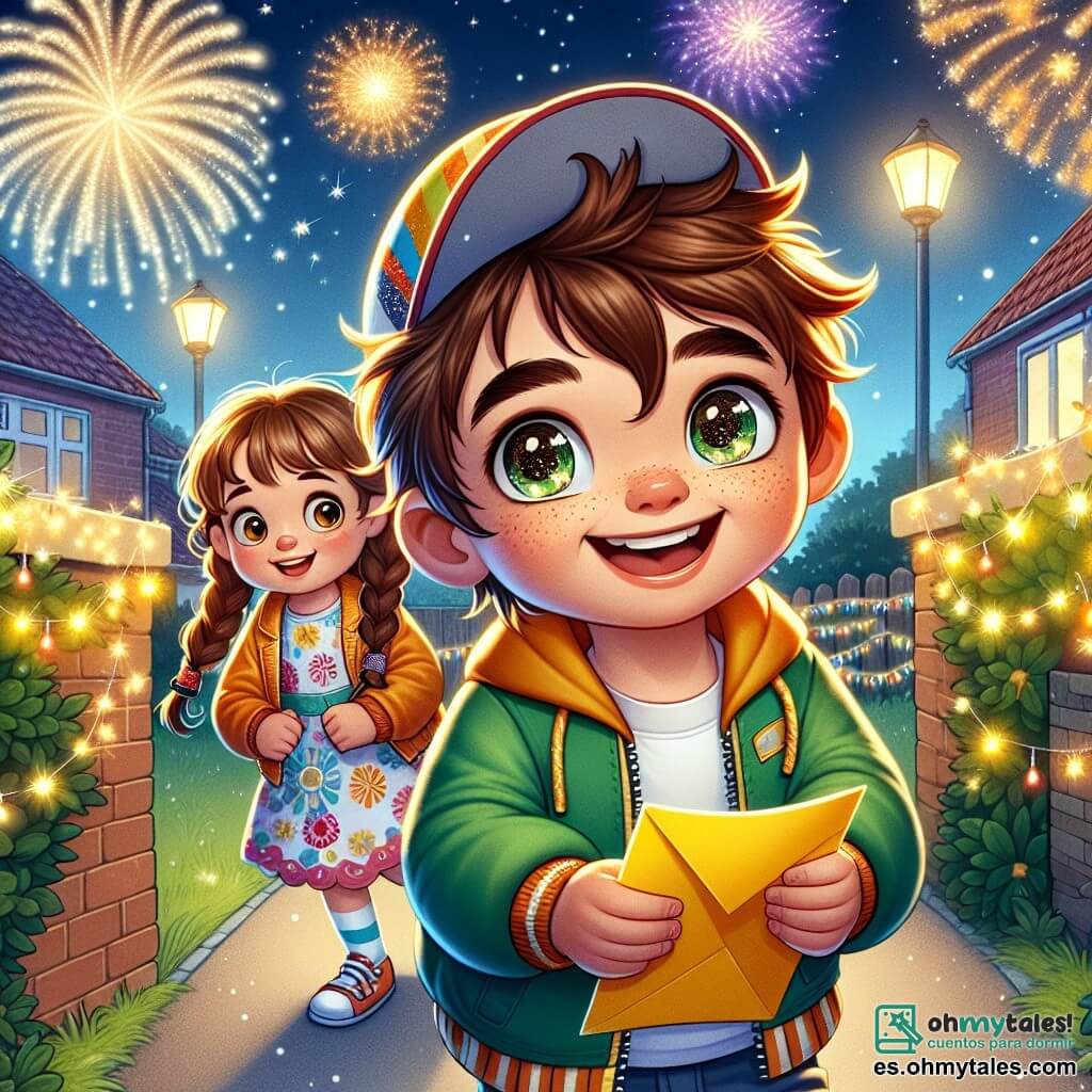 Un niño de 11 años, Lucas, con cabello castaño y ojos brillantes, está en el centro de la imagen, sonriendo ampliamente y sosteniendo una carta amarilla en sus manos. Lleva una chaqueta colorida y una gorra, lleno de emoción por la fiesta de Año Nuevo. A su lado, una niña de 10 años, Ana, con trenzas morenas y un vestido de flores, mira a Lucas con una sonrisa cómplice, lista para la aventura. Al fondo, el jardín del vecino, decorado con guirnaldas luminosas y fuegos artificiales iluminando el cielo nocturno, crea un ambiente festivo. La escena muestra a Lucas y Ana dirigiéndose al parque, ansiosos por participar en una búsqueda del tesoro, rodeados de risas y alegría, con estrellas brillando sobre ellos.
