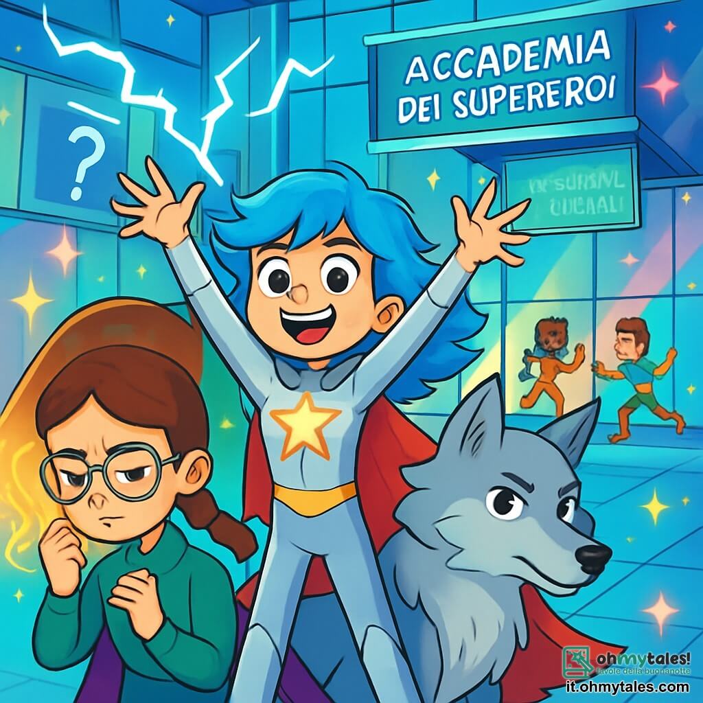 Stella Fulmine, una giovane supereroina dai capelli blu elettrico, si trova al centro della scena, con un sorriso radioso e gli occhi scintillanti di eccitazione. Il suo costume argento brilla sotto le luci, con una stella luminosa sul petto che scintilla di energia. Alza le braccia verso il cielo, pronta a liberare i suoi poteri di fulmine. Alla sua destra, Leo Lupo, un ragazzo di 10 anni con capelli castani arruffati, si trasforma in un maestoso lupo argento, con occhi brillanti di determinazione, pronto a proteggere Stella. Alla sua sinistra, Mia Mente, una ragazza di 9 anni con occhiali rotondi e capelli castani intrecciati, si concentra intensamente, leggendo i pensieri degli altri, circondata da un'aura luminosa. Lo sfondo è l'Accademia dei Supereroi, un edificio futuristico con muri di cristallo e luci multicolori che brillano come stelle. I tre sono uniti di fronte a una sfida, pronti ad affrontare il pericolo che minaccia il loro mondo, con fulmini di energia elettrica nell'aria e un'atmosfera di camaraderie e coraggio.