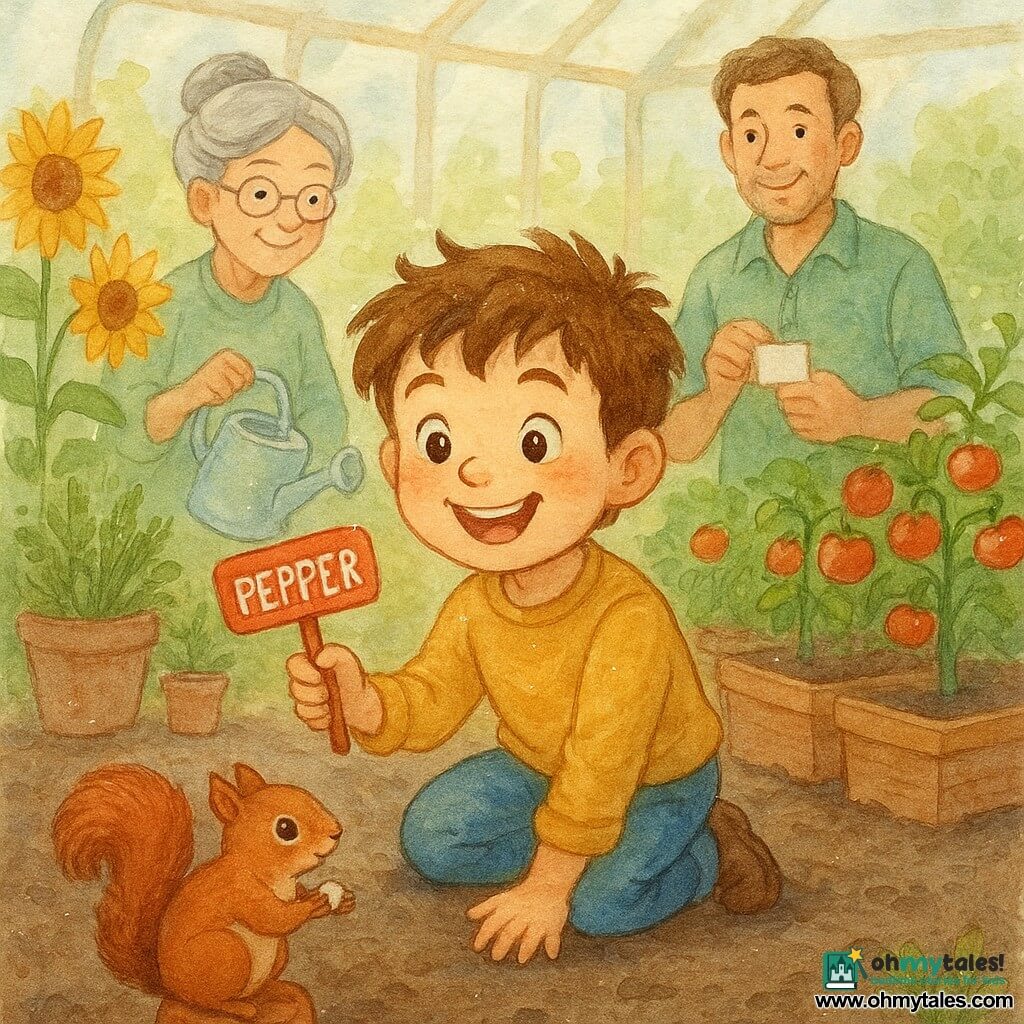 A joyful 6-year-old boy with a round face, messy brown hair, hazel eyes and a triumphant smile kneels in dark soil like a little detective, holding a small red metal plant tag in his right hand as a bright brown squirrel with a bushy tail on an overturned pot shows a shiny piece and looks at him; behind him slightly left a smiling grandmother (~65) with gray hair in a soft bun, round glasses and a watering can watches affectionately, and to the right Mr. Green (~50), tanned in a rolled-sleeve green shirt, stands near tomato beds relieved as he accepts the tags, all in a bright greenhouse of terracotta pots, rows of red tomatoes, tall sunflowers and herbs with soft light through misted glass, small footprints in the soil, adults gently applauding, warm curious atmosphere with pastel colors, watery textures and white-pen highlights.
