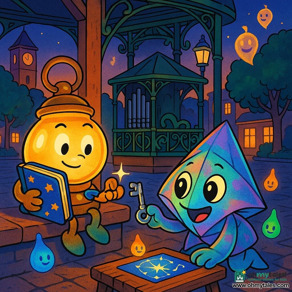 Main lantern character: a small round glass lantern with a brass handle curved like a smile, emitting a warm amber glow, gentle determined expression, perched on a windowsill holding a blue notebook covered in star stickers; important secondary: Nori, an alien made of folded paper lantern with iridescent oil‑sheen skin and polished button eyes reflecting light, curious joyful expression, crouched by a music kiosk offering a small shiny key to the pipes; other secondary: small colorful drop‑shaped glowing visitors, translucent smiling silhouettes floating above the square like flying lanterns; setting: cobblestone village square at dusk with a wrought‑iron painted bandstand, clock tower, shop windows with golden reflections, old streetlamps and textured‑leaf trees; main action: repairing the bandstand—the lantern lights a sparkling key while Nori and the visitors align luminous star‑map tiles on a bench and a single note begins to vibrate; warm atmosphere, saturated colors, crisp outlines like a 90s cartoon; visual style: clean lines, bright contrasting colors, simple luminous textures, soft dusk lighting, composition centered on the lantern and Nori, cooperative gentle‑magic mood.