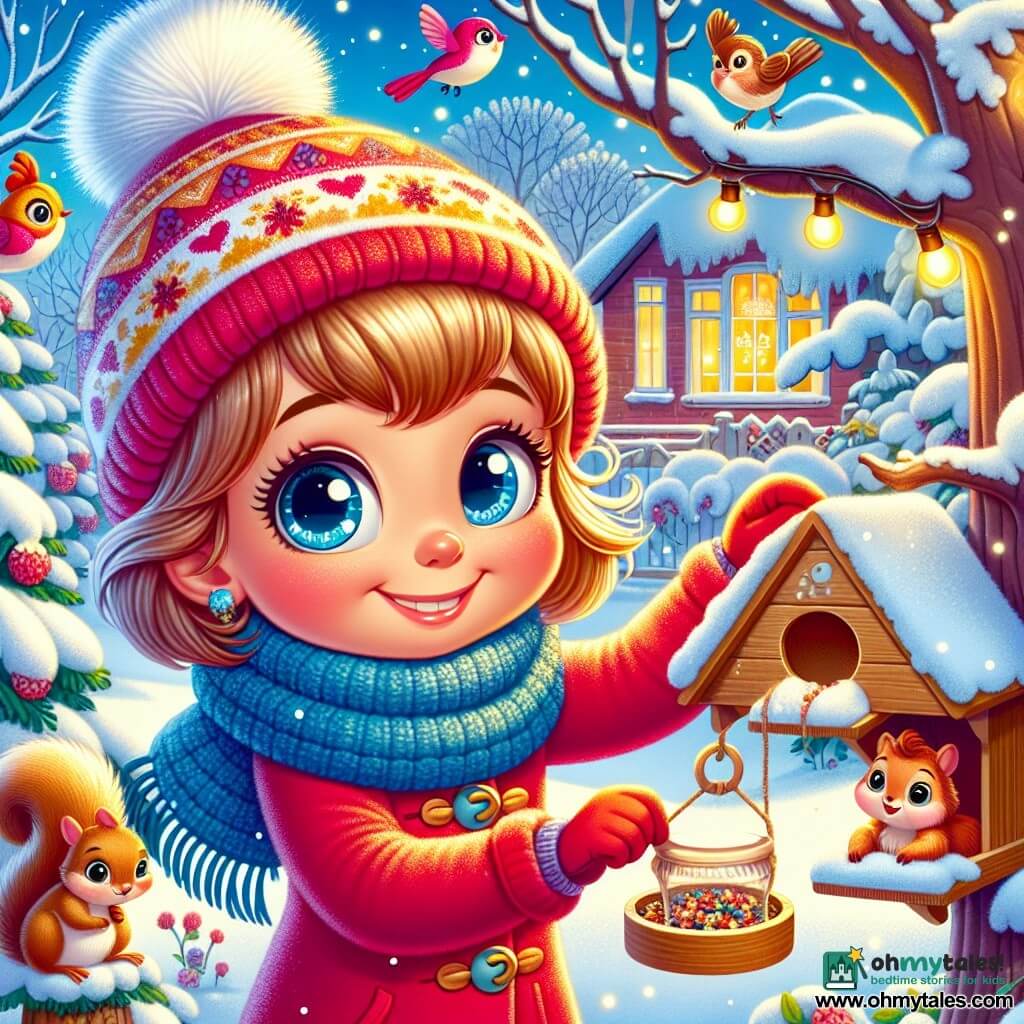 An 8-year-old girl, Ivy, with big sparkling eyes and a radiant smile, is filling a small wooden bird feeder in her snowy garden. She wears a bright red coat, a blue wool scarf, and a knitted hat adorned with a white pom-pom. Nearby, a small brown squirrel with a bushy tail watches Ivy curiously from a tree branch. In the background, the garden is covered in a thick layer of shimmering snow, with trees laden with snowflakes and a cozy house with golden lights shining through the windows. Joyfully, Ivy smiles as she watches colorful birds descend to enjoy the seeds she has placed in the feeder.