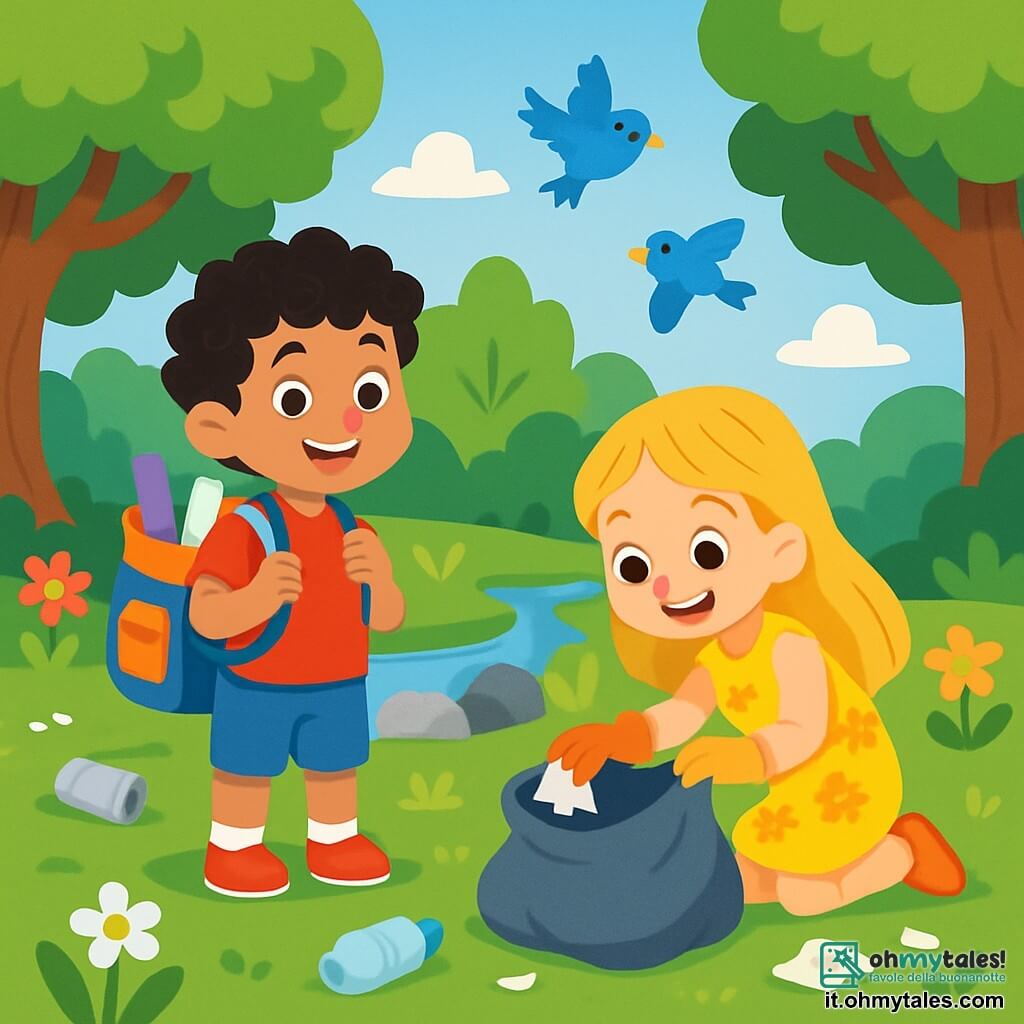 Ci sono 2 personaggi principali: Luca, un ragazzo di 5 anni con capelli neri e ricci, indossa una maglietta rossa e pantaloni corti blu; è in piedi, sorridente, con uno zaino colorato pieno di forniture per pulire la natura. Sofia, una ragazza di 5 anni con lunghi capelli biondi, indossa un vestito giallo a fiori; è accucciata, raccogliendo un rifiuto con un guanto di gomma, con un grande sorriso sul volto. La scena si svolge in una bellissima riserva naturale, piena di alberi maestosi con foglie verdi, fiori multicolori che danzano al vento e un cielo azzurro chiaro con nuvole bianche. Si vedono uccelli colorati volare sopra e un piccolo ruscello scintillante che serpeggia tra le rocce. Luca e Sofia stanno pulendo la riserva, circondati da rifiuti sparsi; lavorano insieme, determinati e felici, per rendere la natura più bella, con i raggi di sole che illuminano il loro cammino.