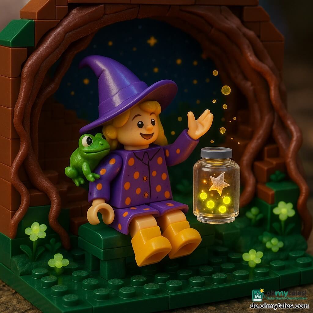 Die Haupthexe Lila ist ein fröhliches, entschlossenes Mädchen mit schief sitzendem spitzem violettem Hut, violettem Mantel mit orangen Punkten, kurzen Stiefeln und glitzerndem Haar; sie sitzt auf einer Moosbank, die Hand zum „Sternengruß erhoben“ und hält ein Glasgefäß voller leuchtender Glühwürmchen, in das gerade ein winziger silberner Stern fällt und goldene Funken auslöst; eine kleine runde grüne Froschfigur hockt neugierig auf ihrer rechten Schulter und blickt zum Glas; Schauplatz ist ein gemütlicher Wurzel-Tunnel mit rotbraunen, strukturierten Erdwänden, gewundenen Wurzeln als Stufen, tiefgrünem Moos, phosphoreszierenden Blüten und einer runden Öffnung nach oben zum sternenklaren Nachthimmel; Szene wirkt bezaubernd und verspielt mit warmem, weichem Licht und violett-gold-grünen Kontrasten.